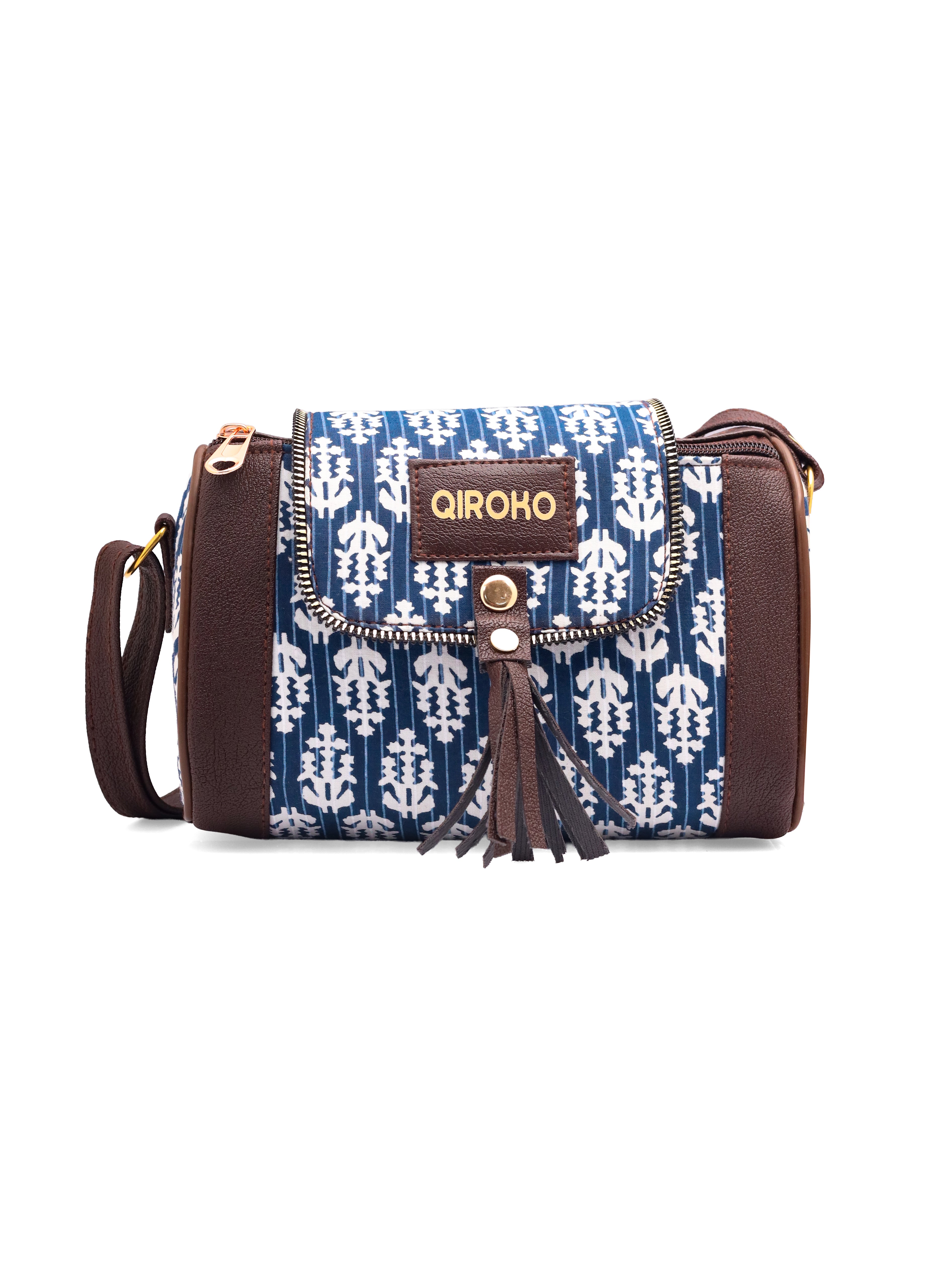 Loom Edit Collection | Dual Compartment Crossbody Sling | Ikkat Barrel | Indigo Trail