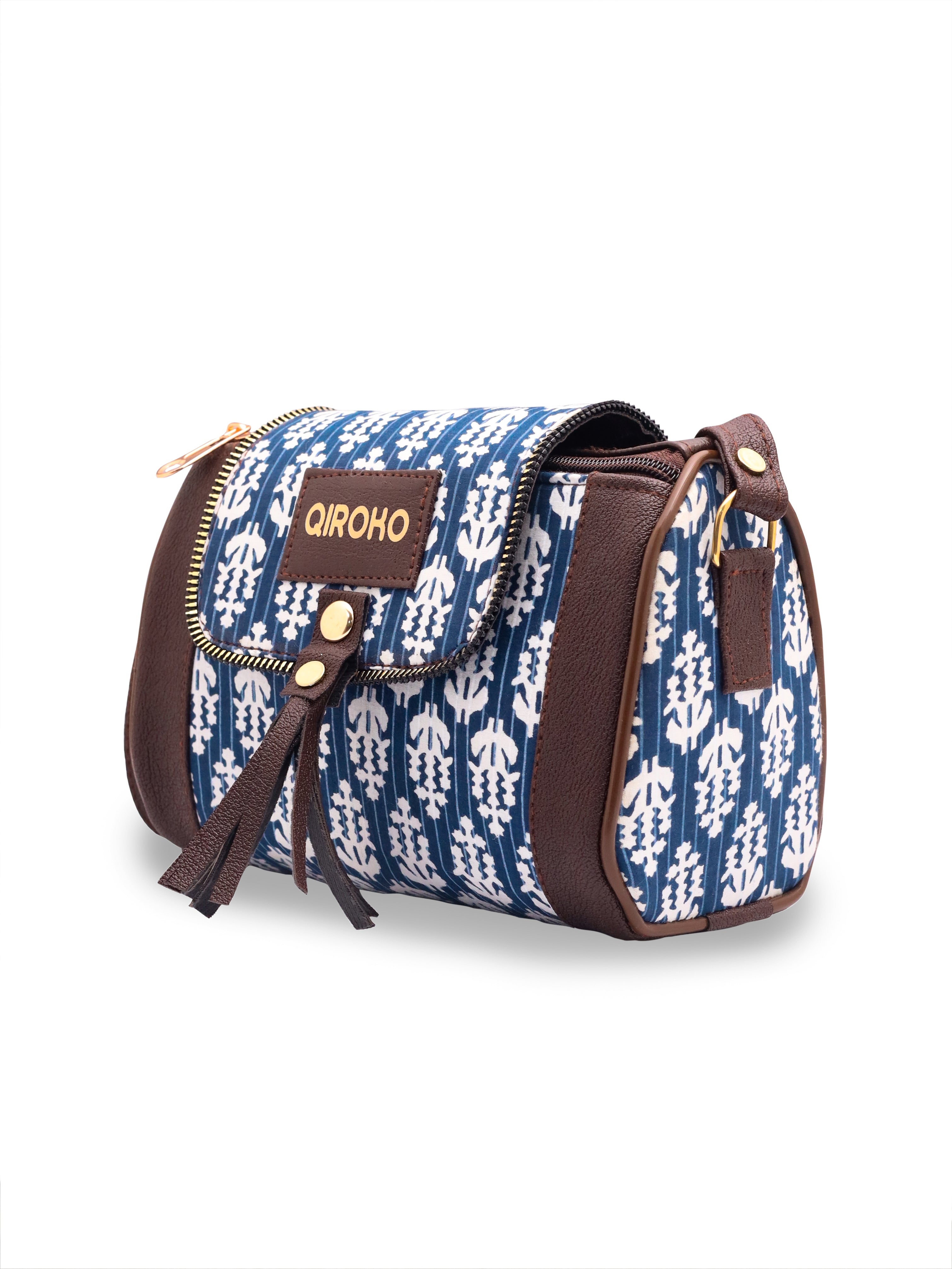 Loom Edit Collection | Dual Compartment Crossbody Sling | Ikkat Barrel | Indigo Trail