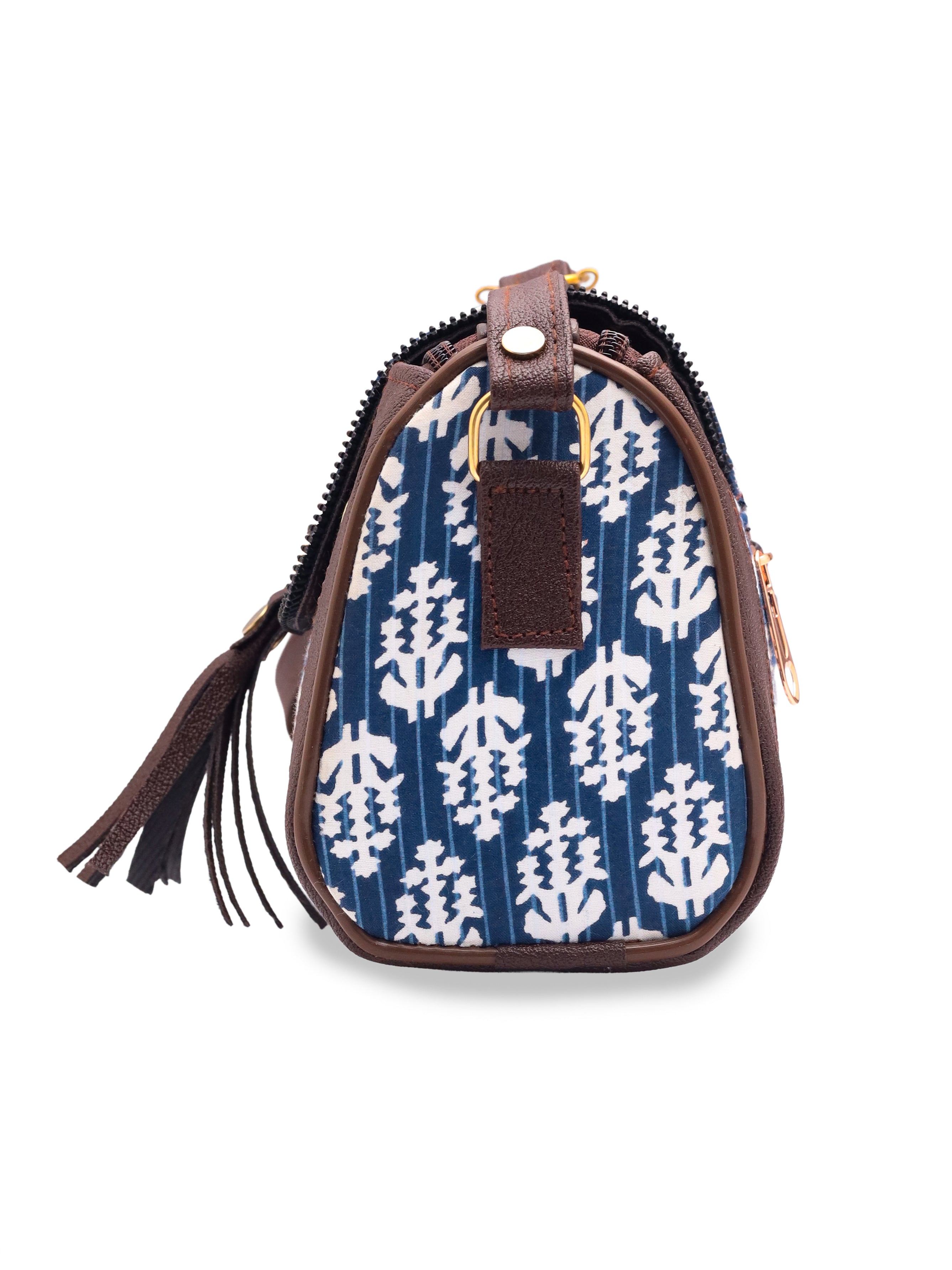 Loom Edit Collection | Dual Compartment Crossbody Sling | Ikkat Barrel | Indigo Trail