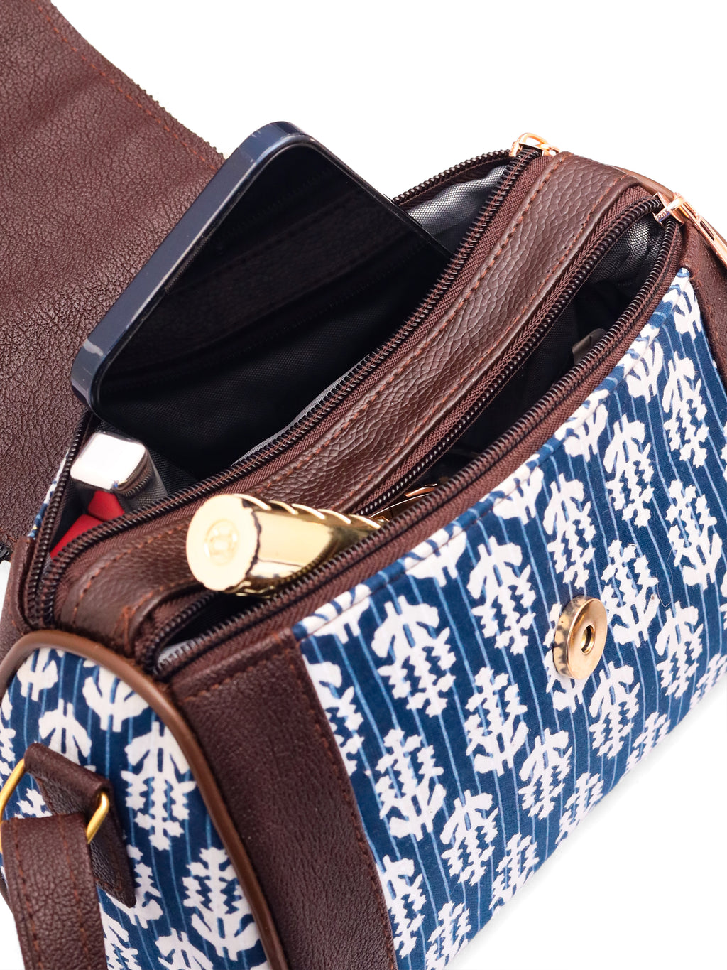 Loom Edit Collection | Dual Compartment Crossbody Sling | Ikkat Barrel | Indigo Trail