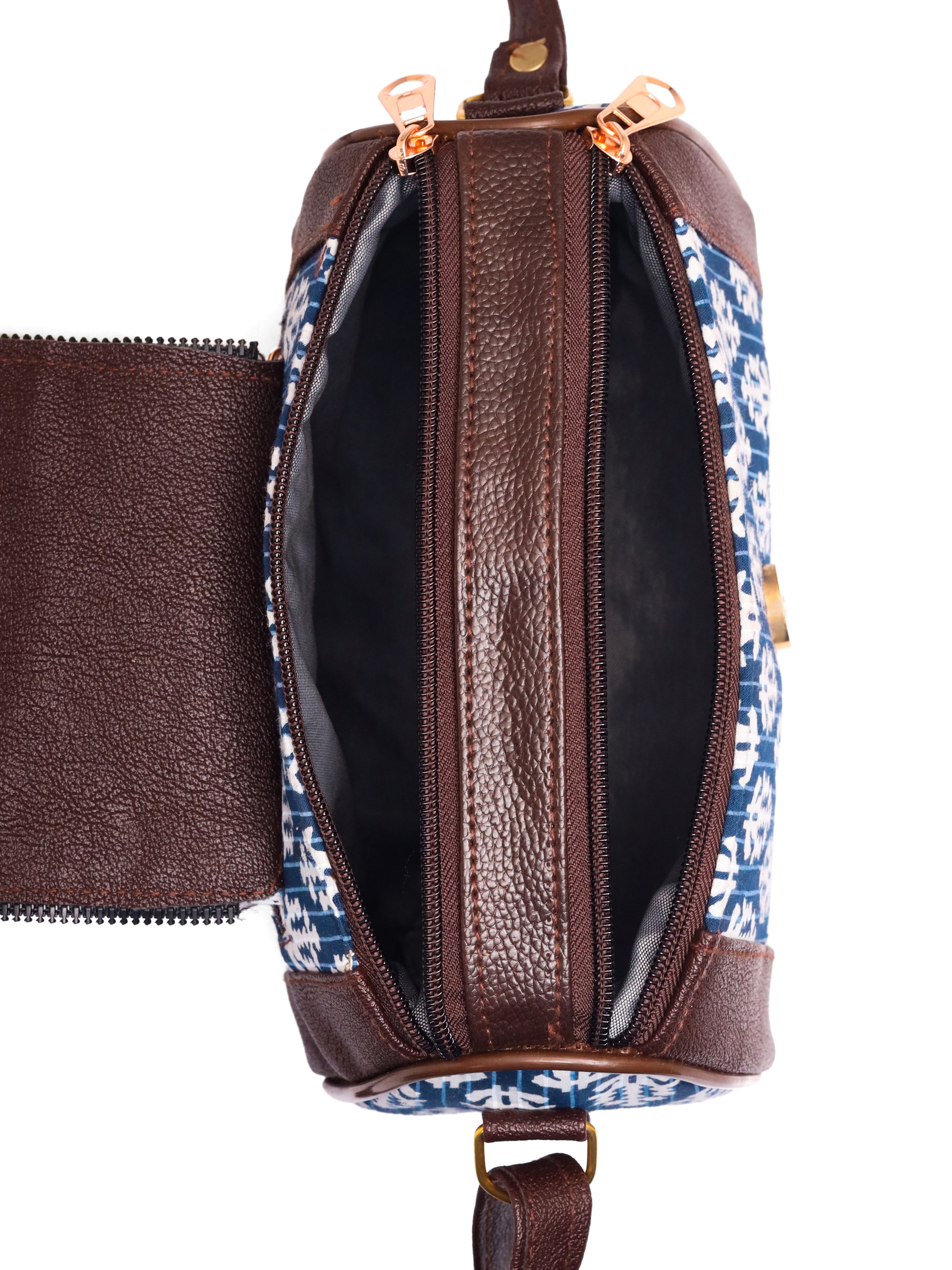 Loom Edit Collection | Dual Compartment Crossbody Sling | Ikkat Barrel | Indigo Trail