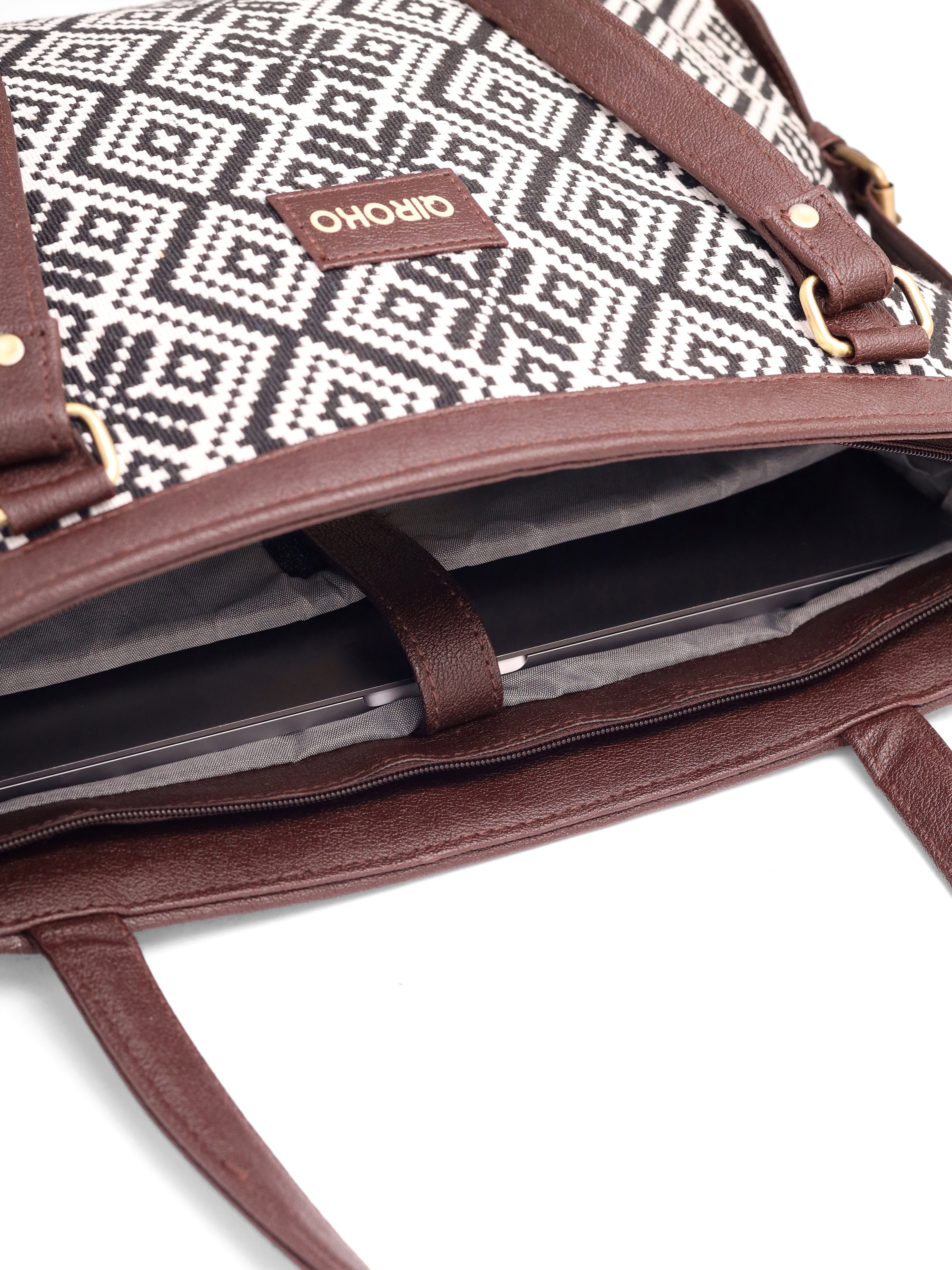 Power Edit Collection Office Laptop Handbag | Vegan Leather | Ikkat Monochrome