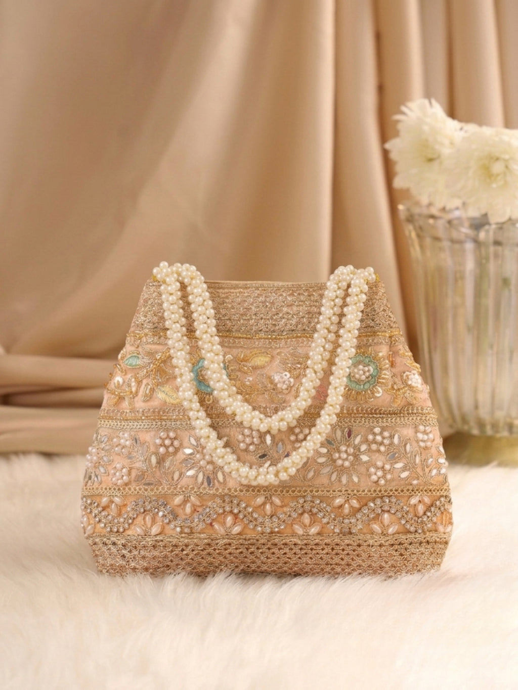 Velvet Ethnic Potli Bag Peach