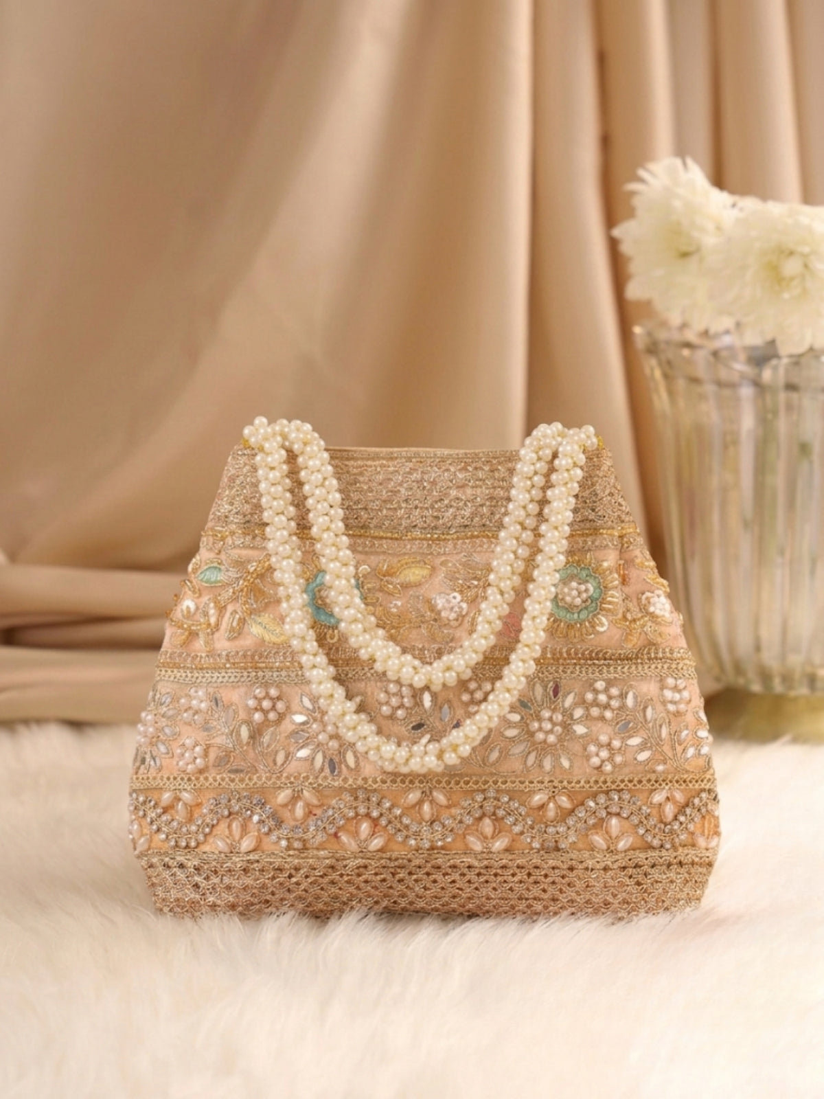 Velvet Ethnic Potli Bag Peach