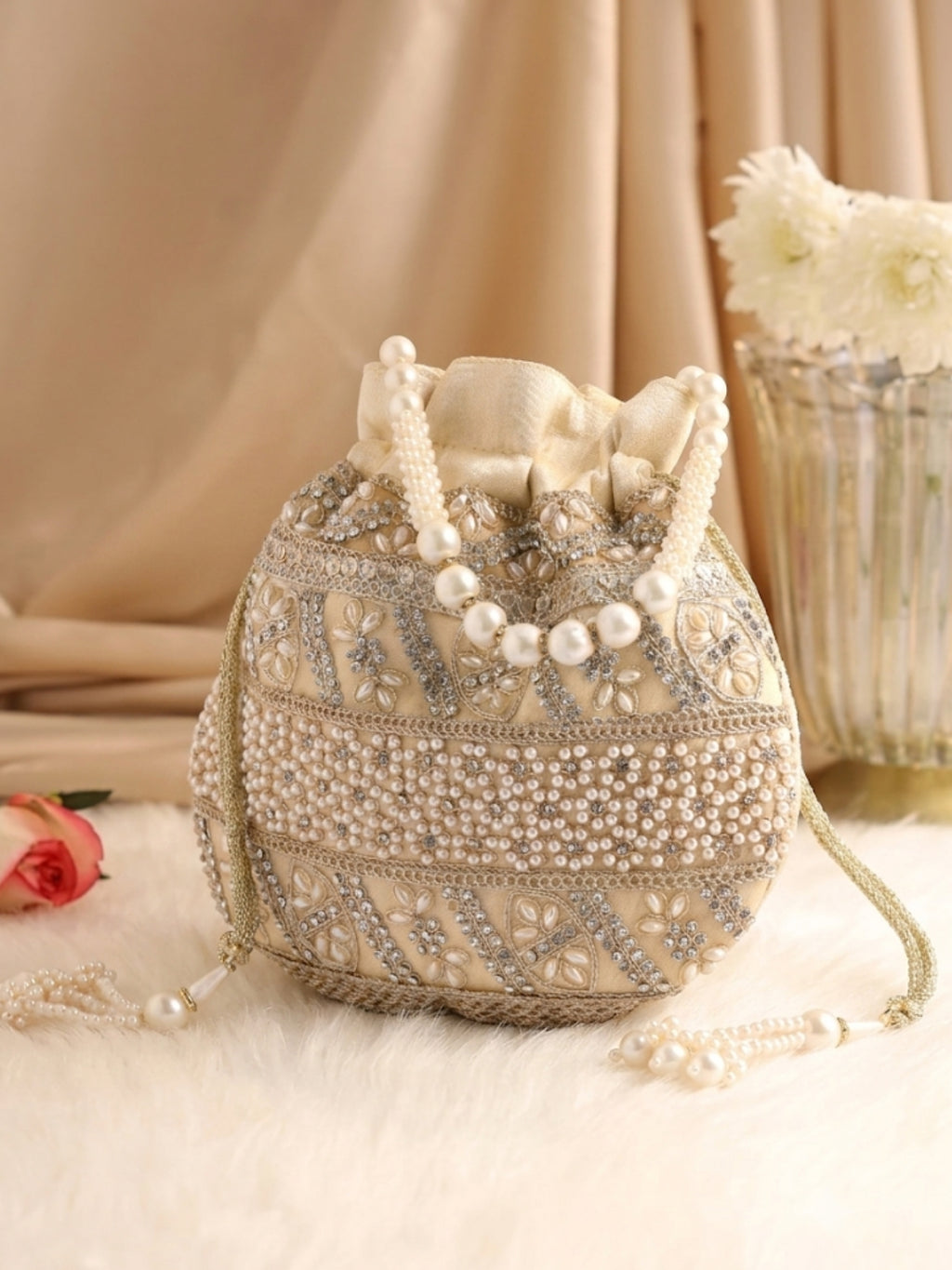 Pearl Beaded Drawstring Potli Bag