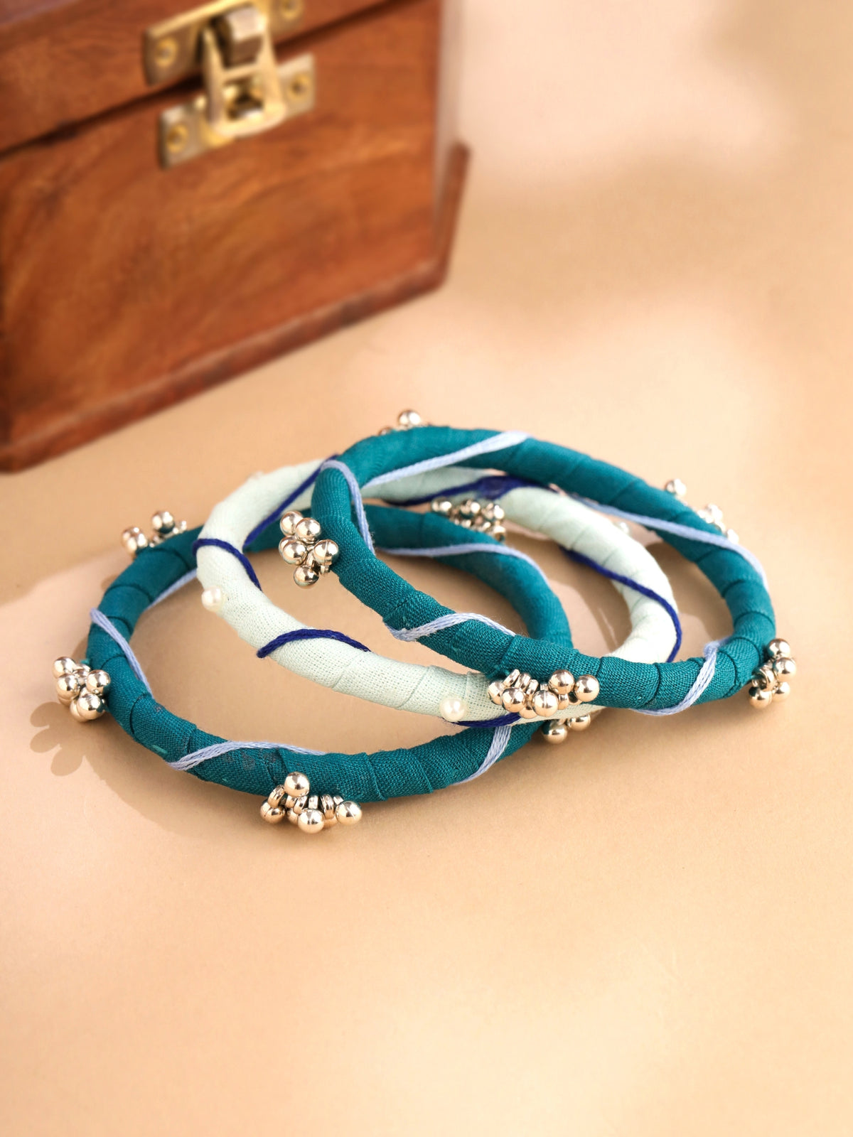 Leher Fabric Ghungroo Bracelet Set Blue
