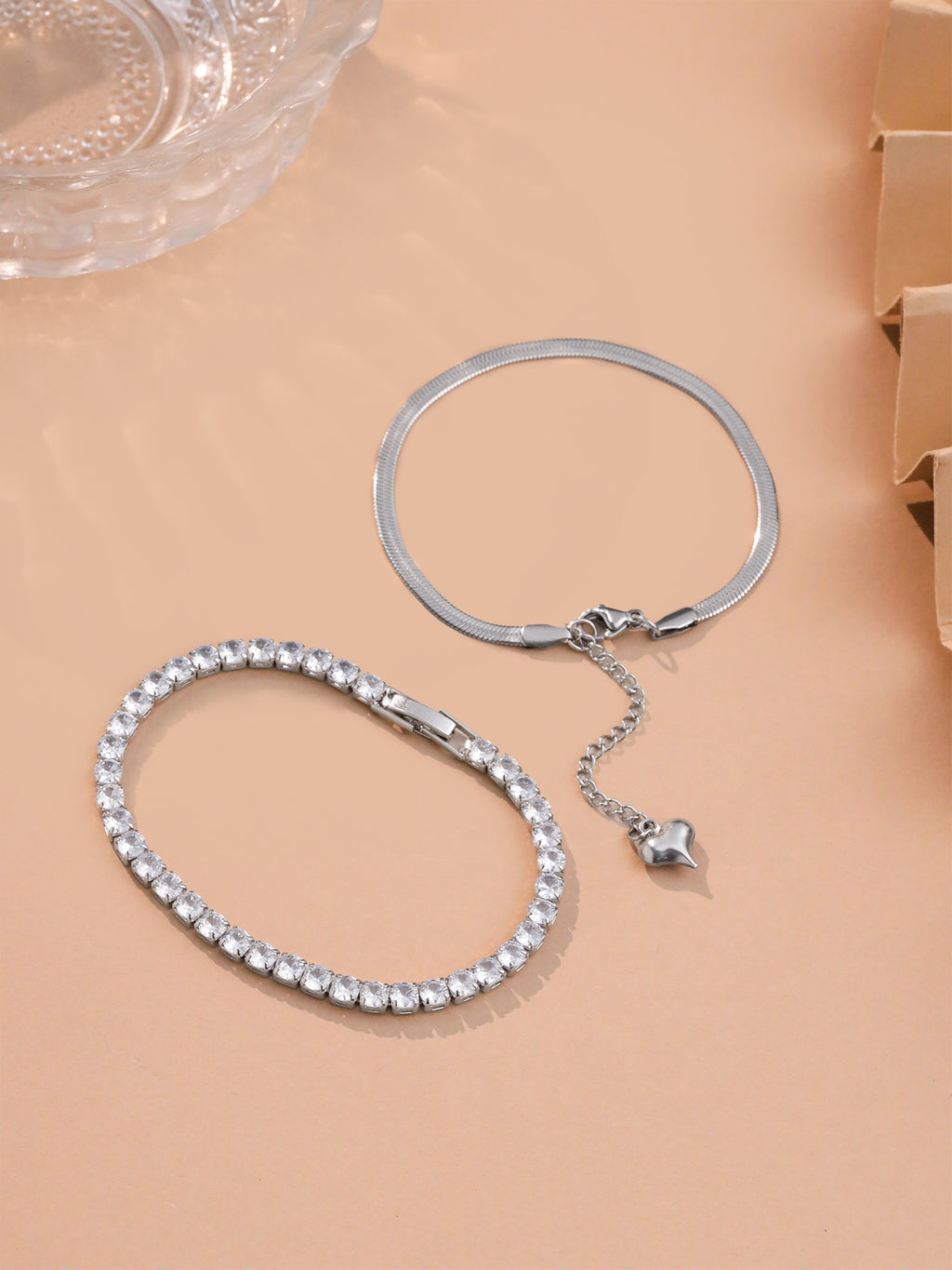 Snake Chain and Crystal Tennis Stack Bracelets