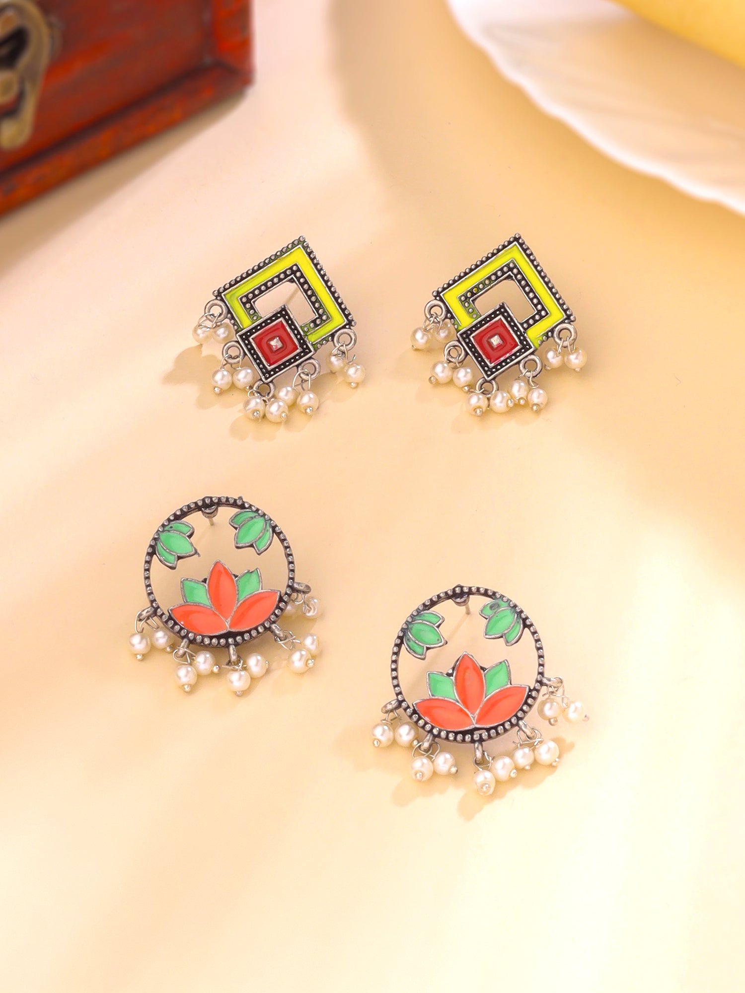 Ethnic Stud Silver Oxidised Earrings With Pearls