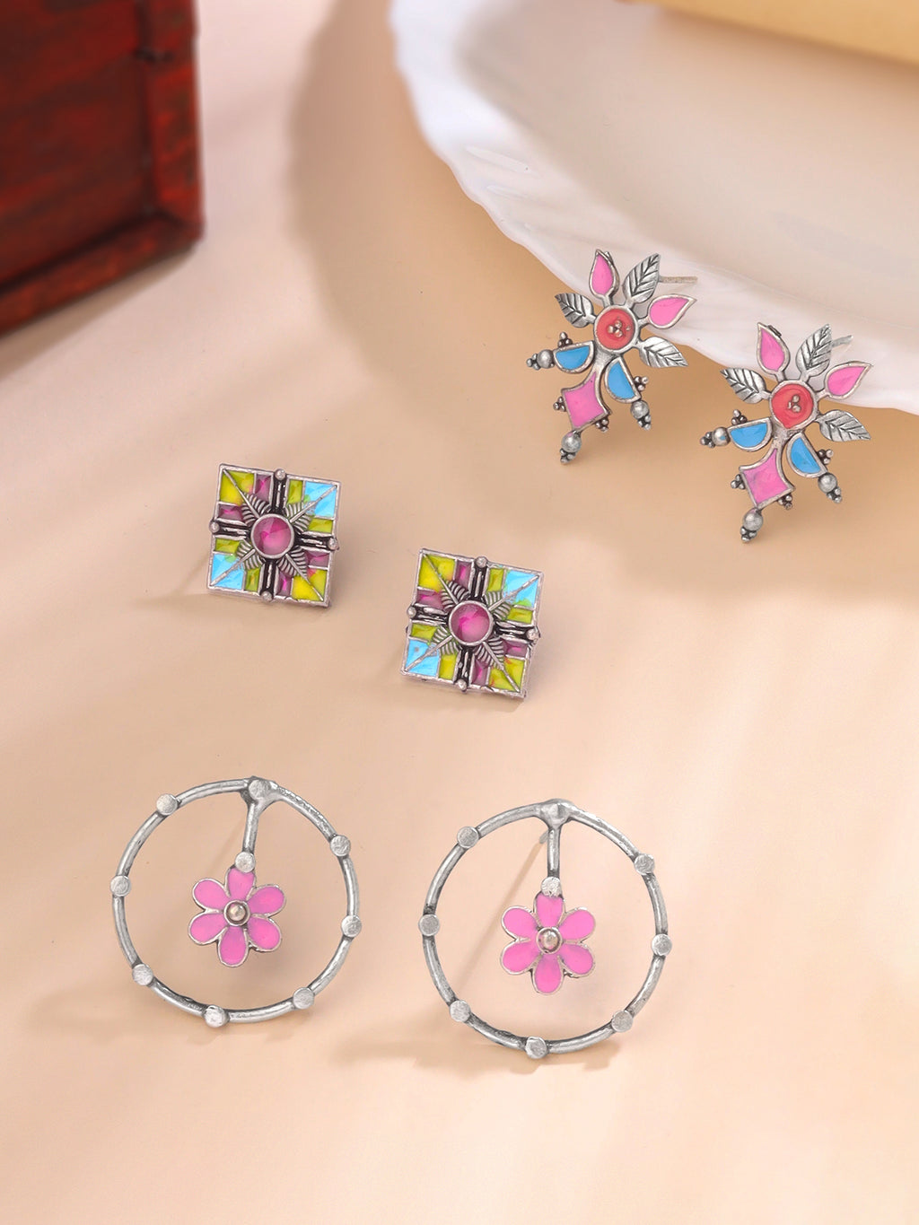 Meenakari Enamel Stud Jhumka Oxidised Silver Earrings