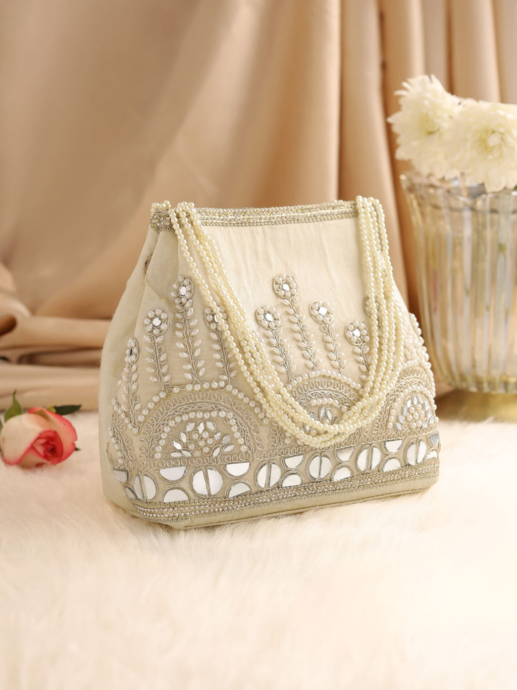 Gulnaar Collection | Silk Embroidered Potli | White Mirrorwork