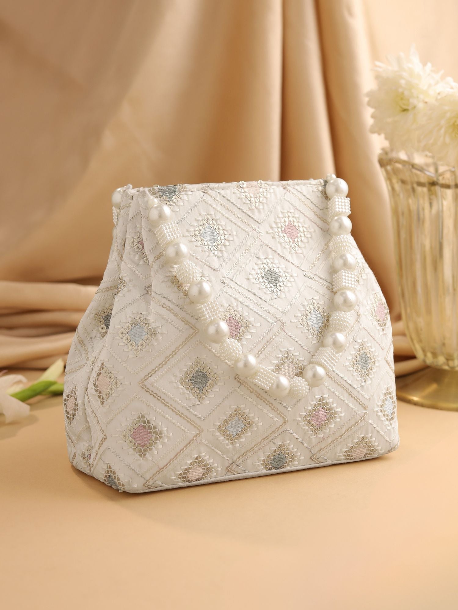 Gulnaar Collection | Silk Embroidered Potli | White