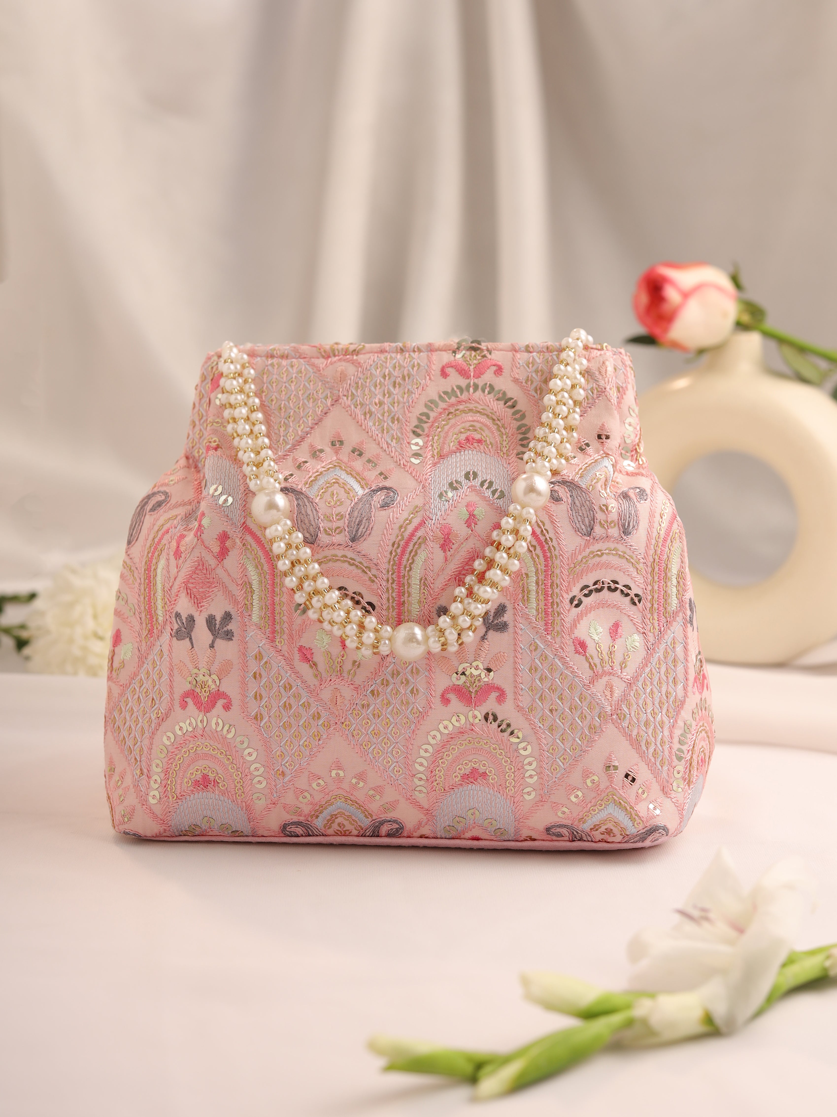 Gulnaar Collection | Silk Embroidered Potli | Pink