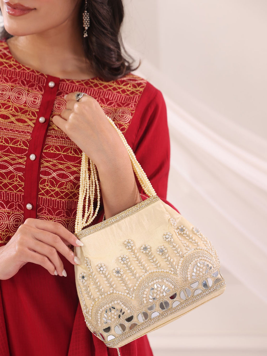 Gulnaar Collection | Silk Embroidered Potli | White Mirrorwork
