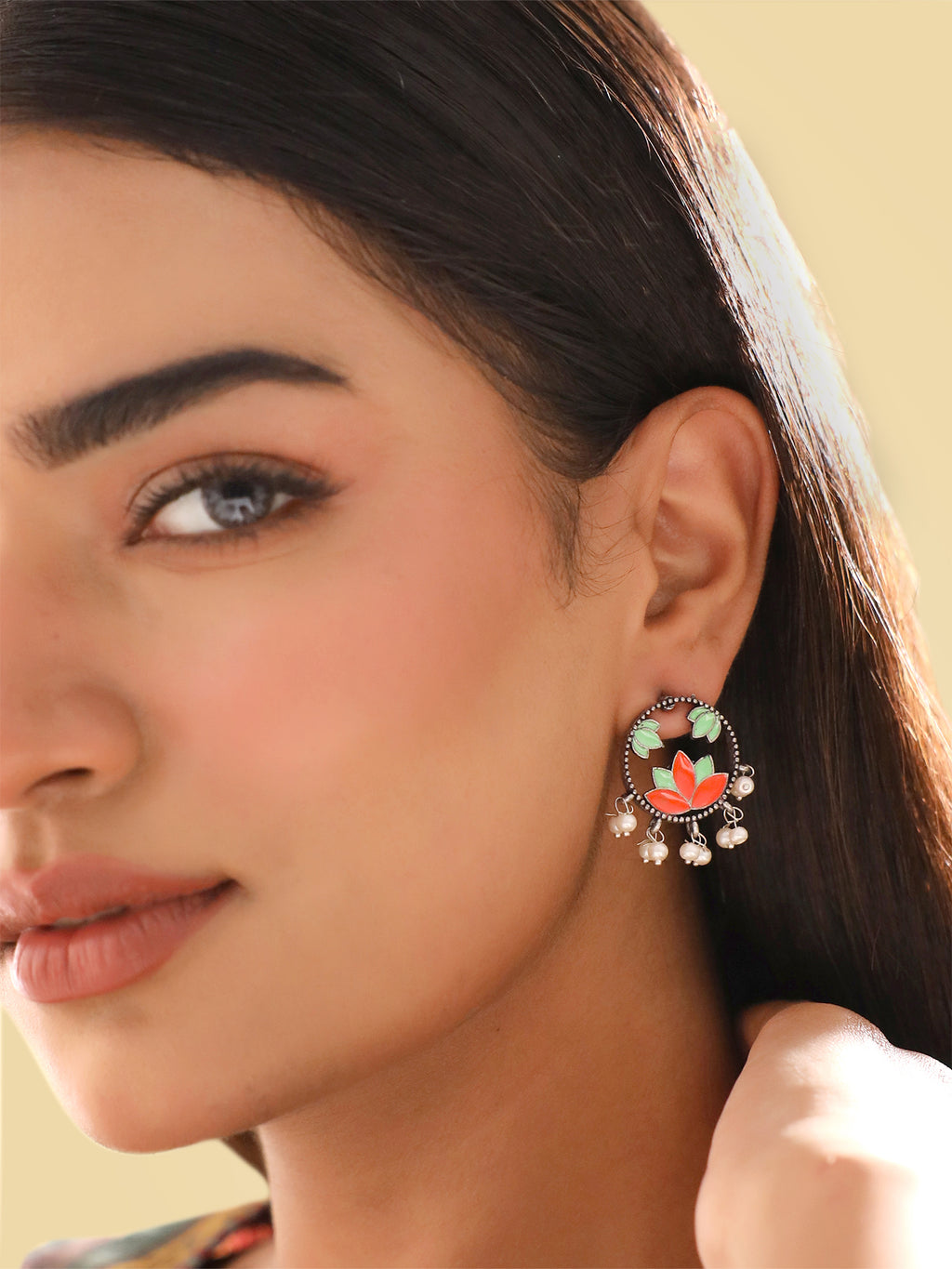 Ethnic Stud Silver Oxidised Earrings With Pearls