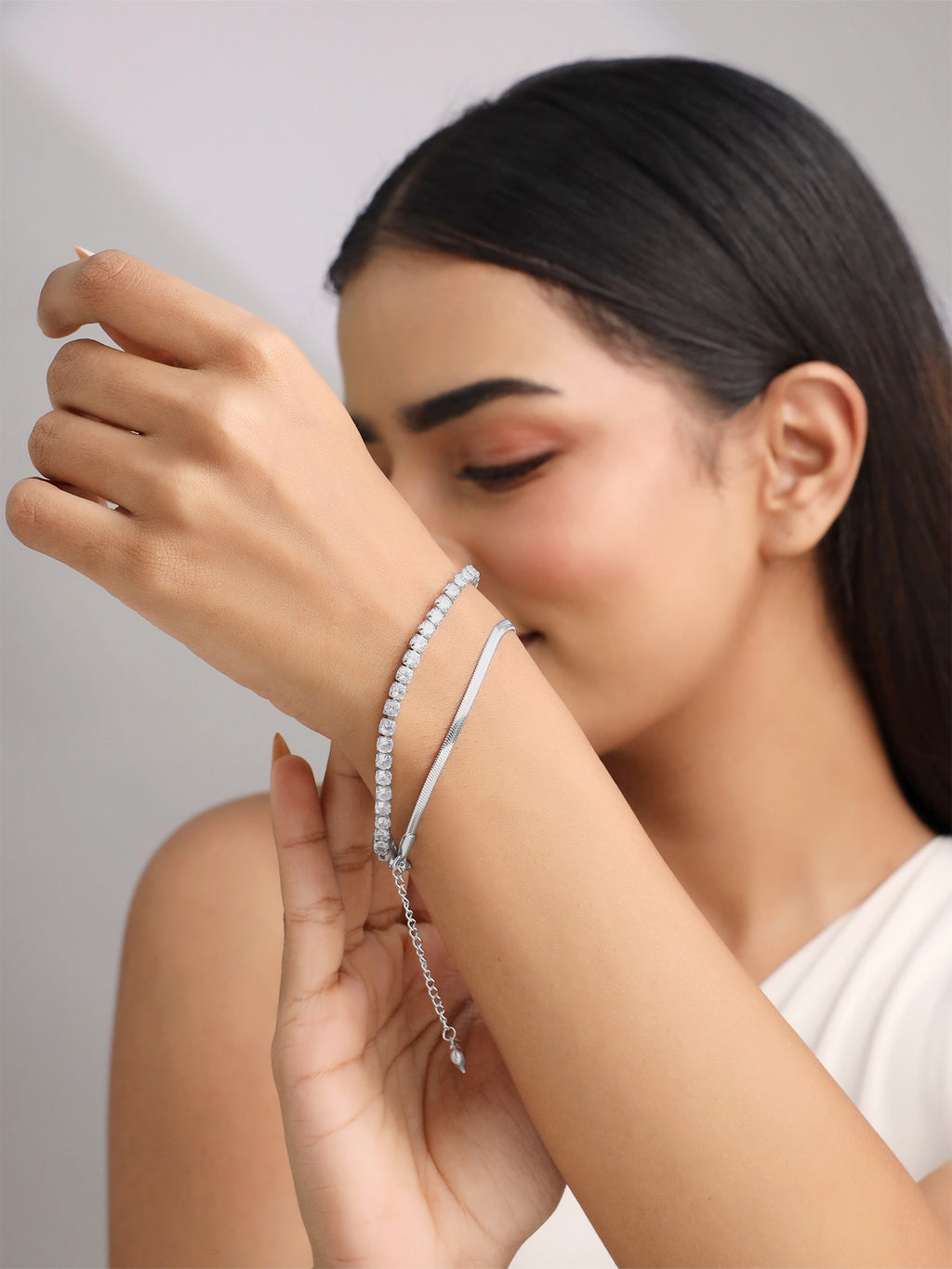 Snake Chain and Crystal Tennis Stack Bracelets