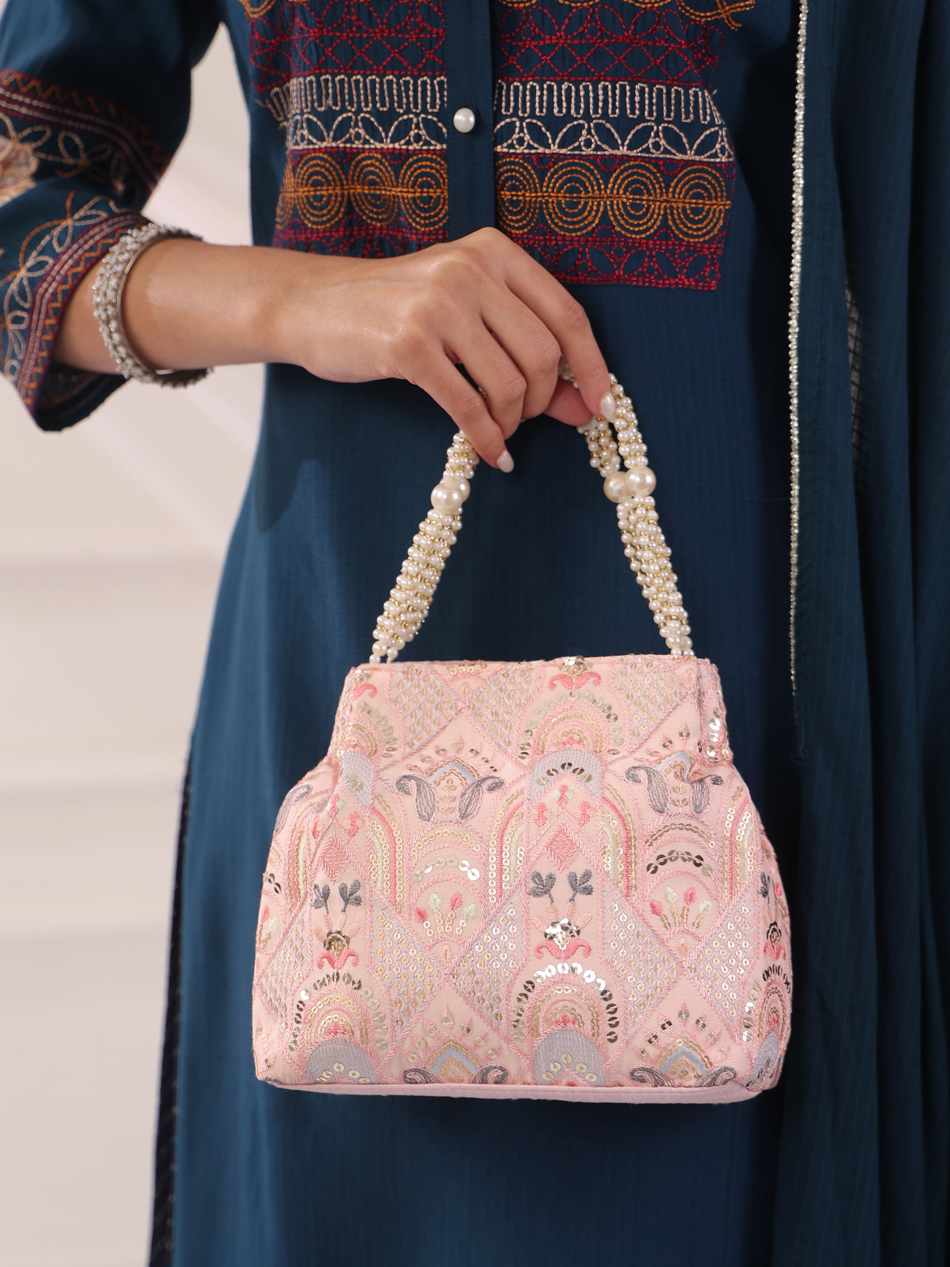 Gulnaar Collection | Silk Embroidered Potli | Pink