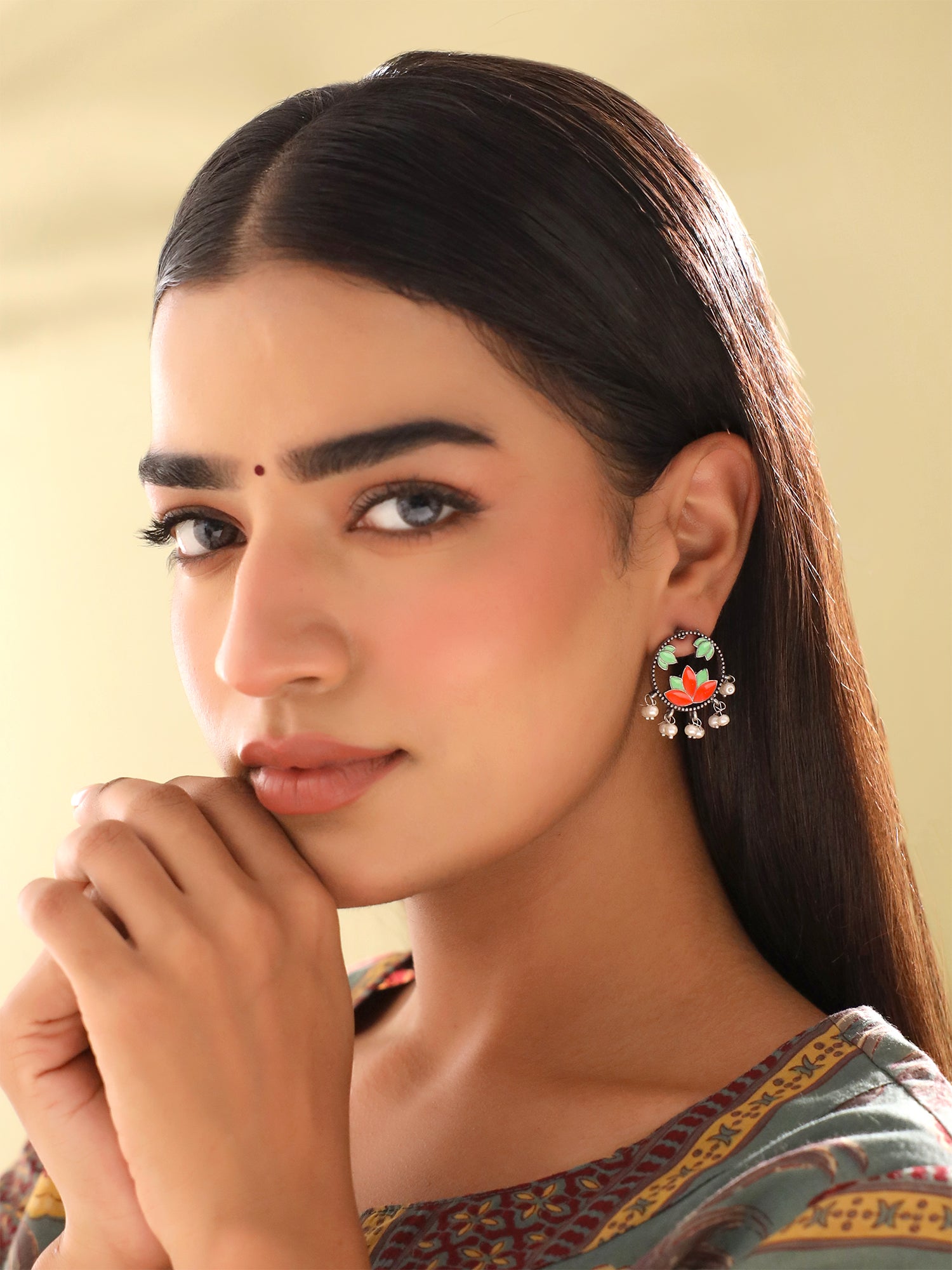 Ethnic Stud Silver Oxidised Earrings With Pearls