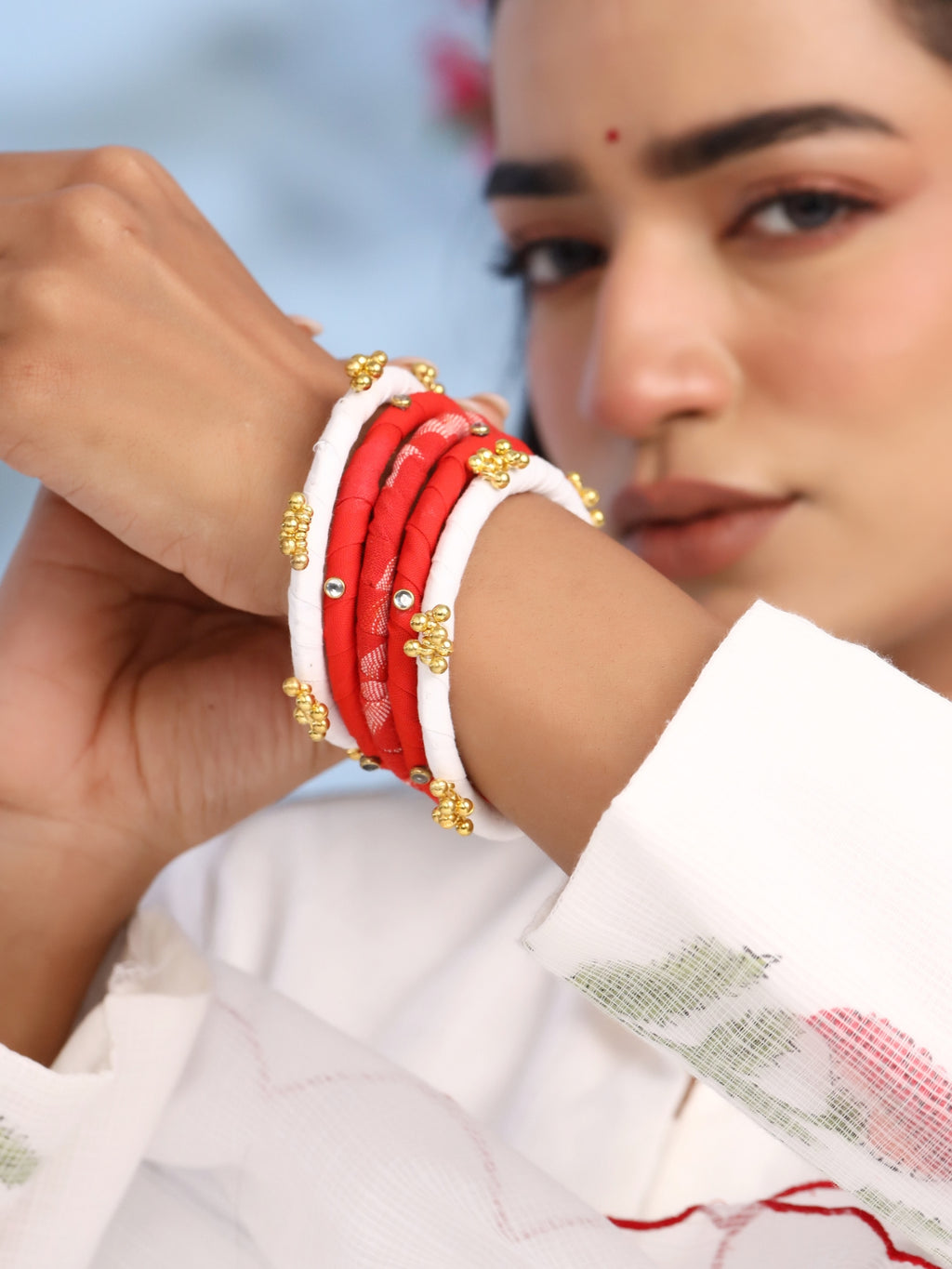 Leher Fabric Ghungroo Bracelet Set Red