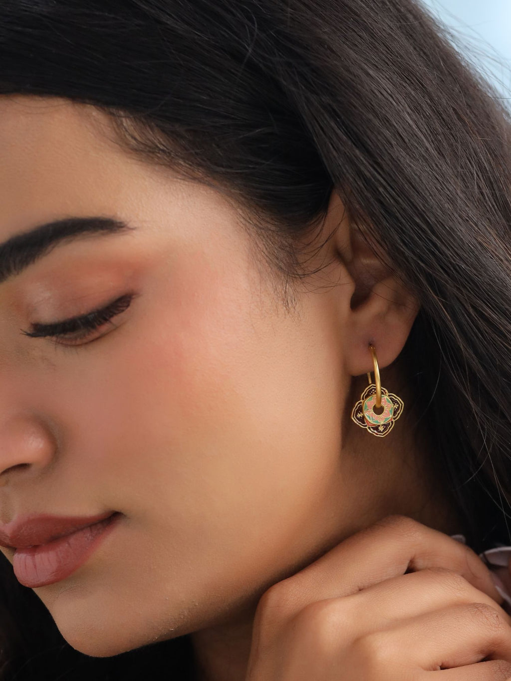 Rangoli Traditional Enamel Floral Hoop Earrings