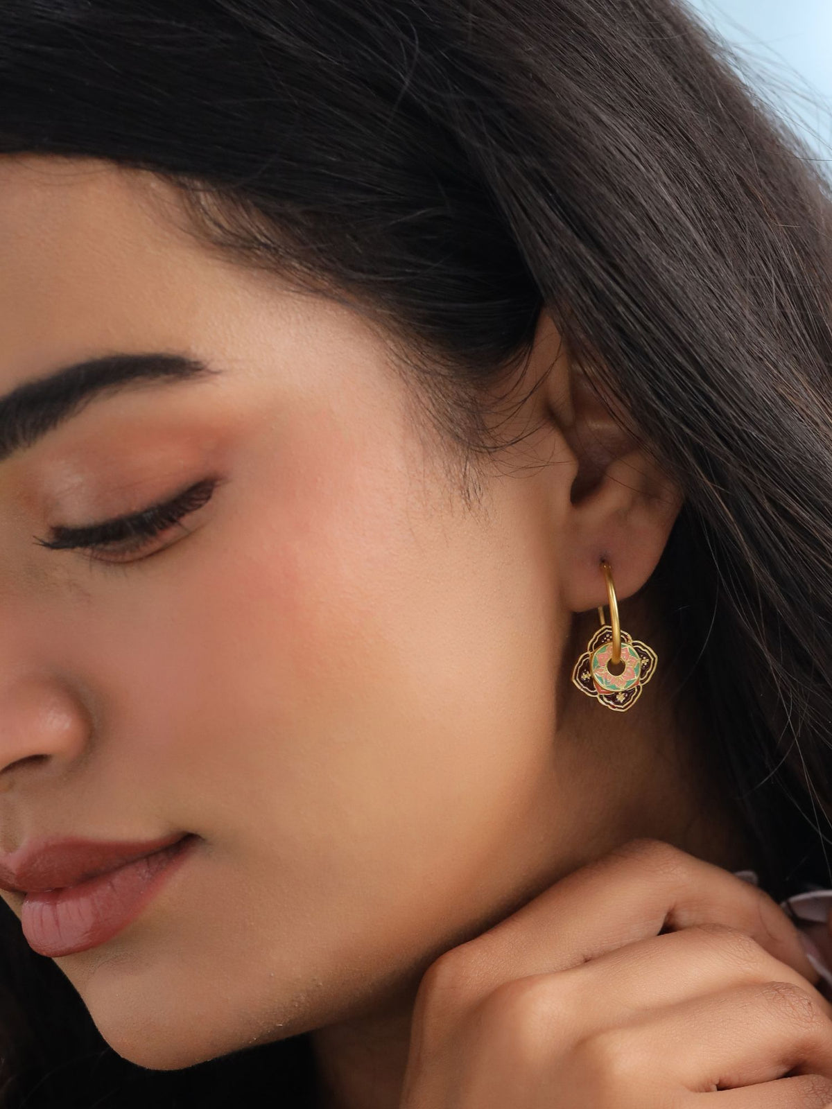 Rangoli Traditional Enamel Floral Hoop Earrings