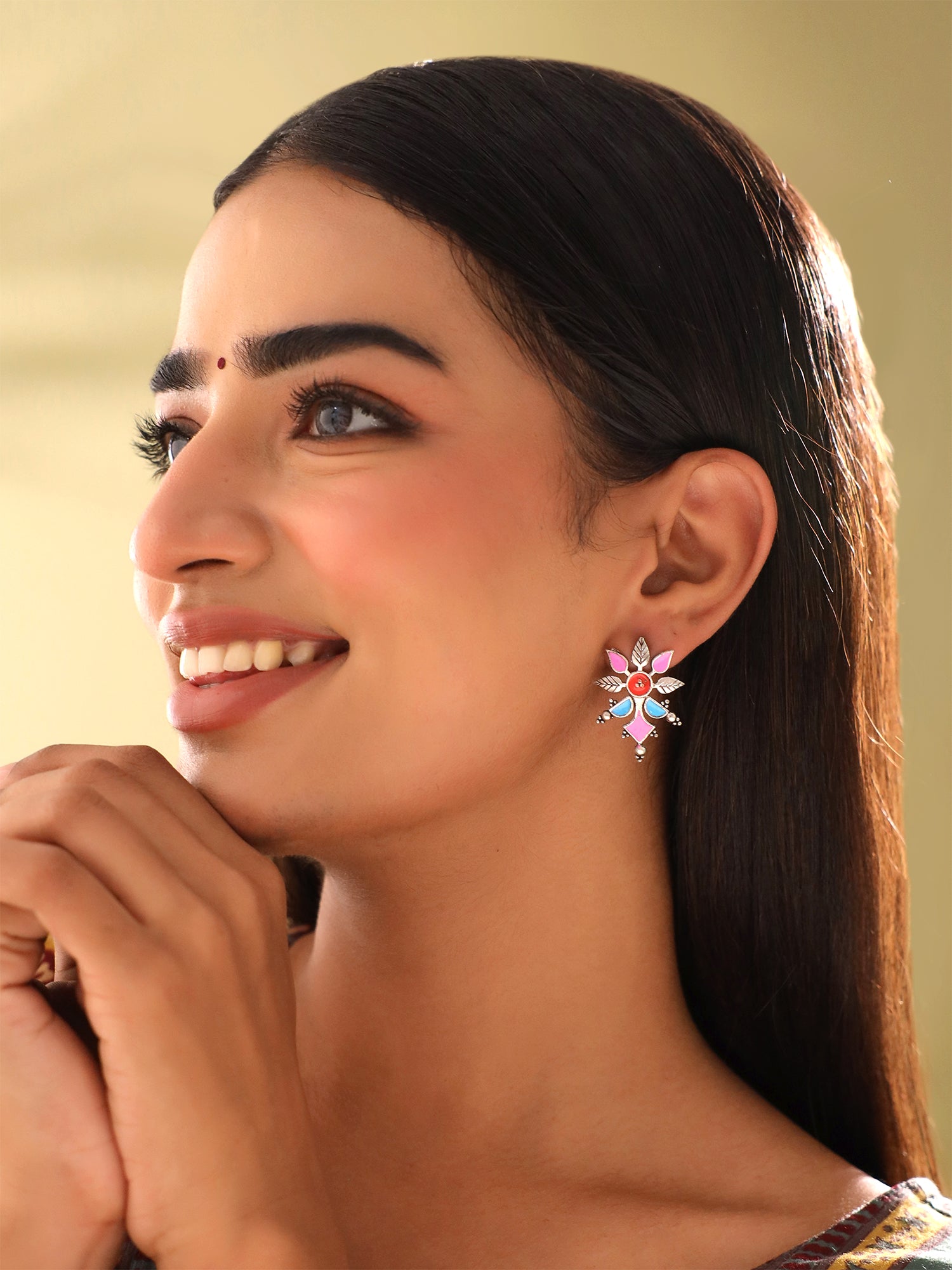 Meenakari Enamel Stud Jhumka Oxidised Silver Earrings