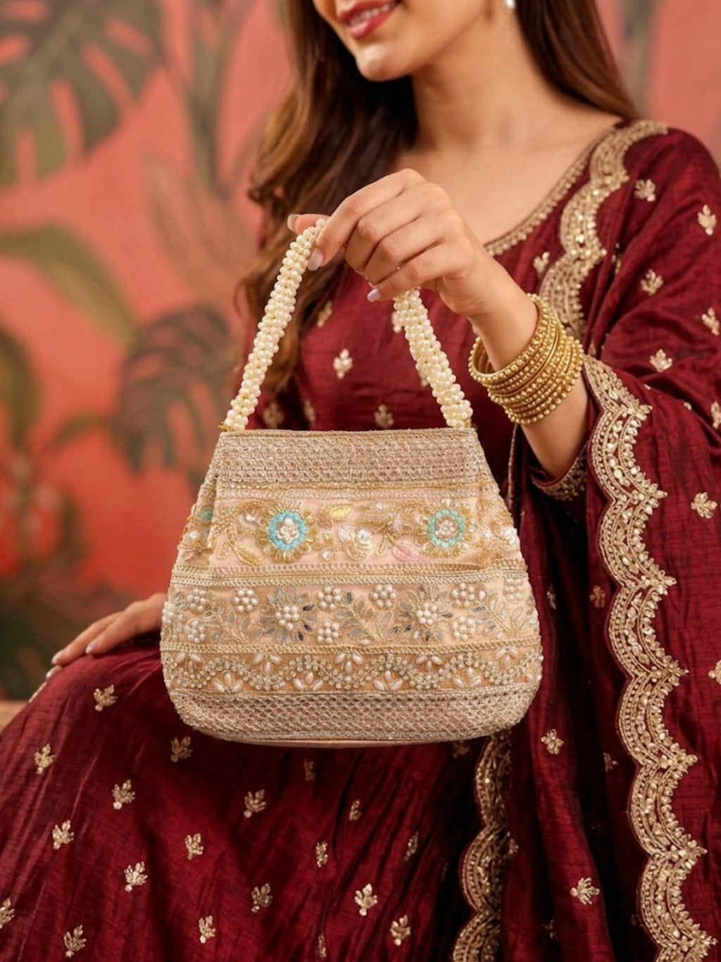 Velvet Ethnic Potli Bag Peach