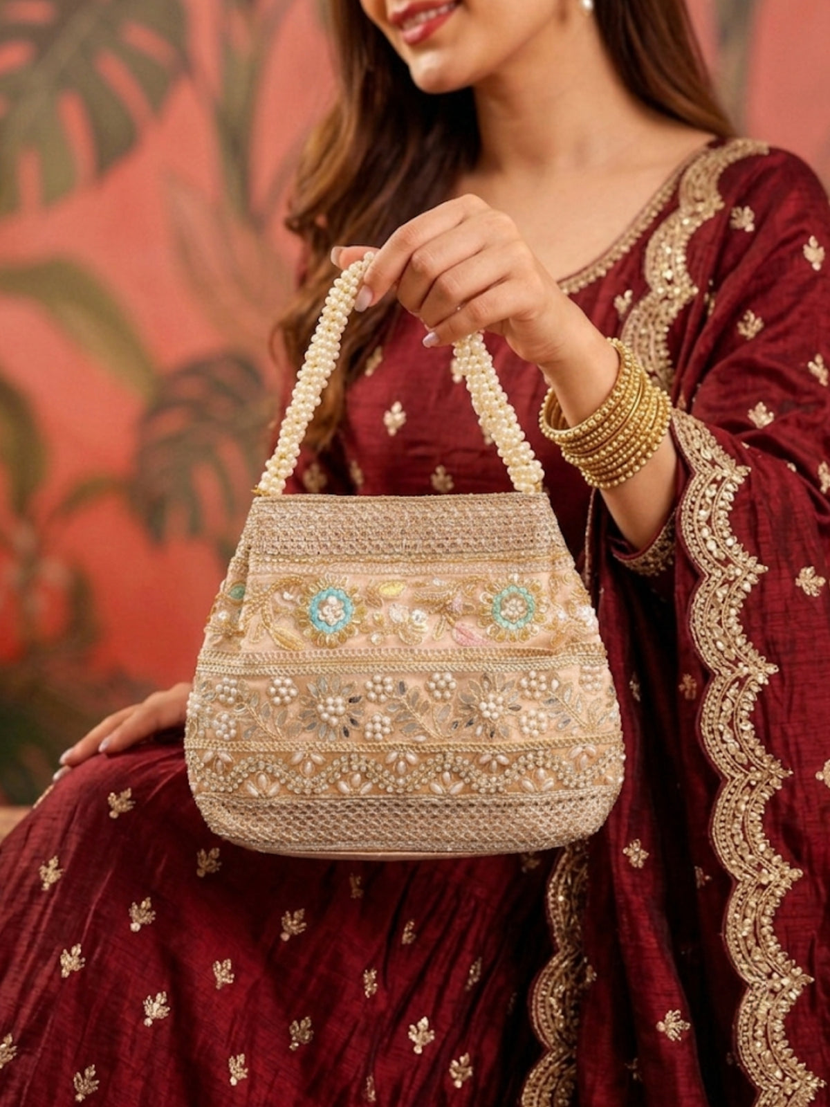 Velvet Ethnic Potli Bag Peach