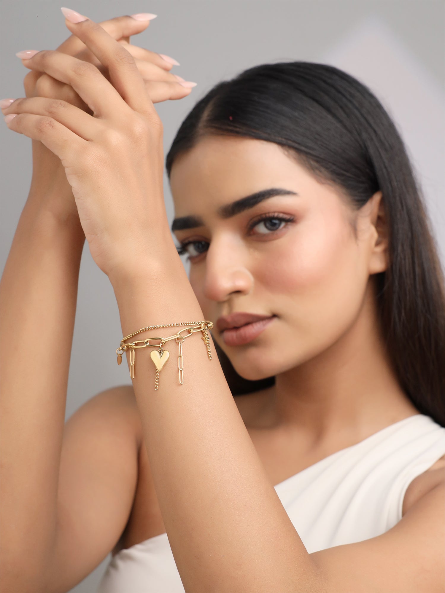 Layered Heart Charm Stack Bracelet