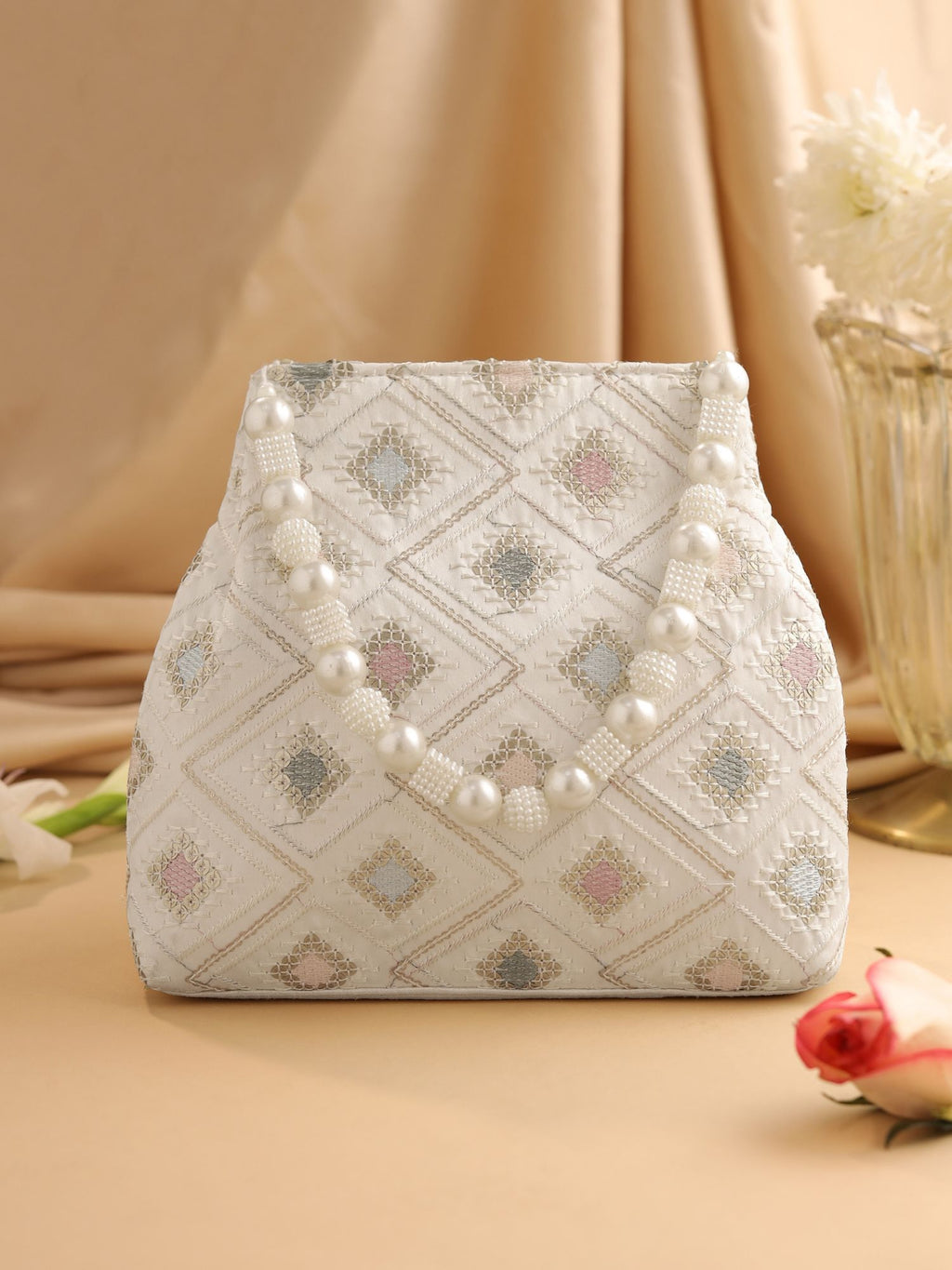 Gulnaar Collection | Silk Embroidered Potli | White