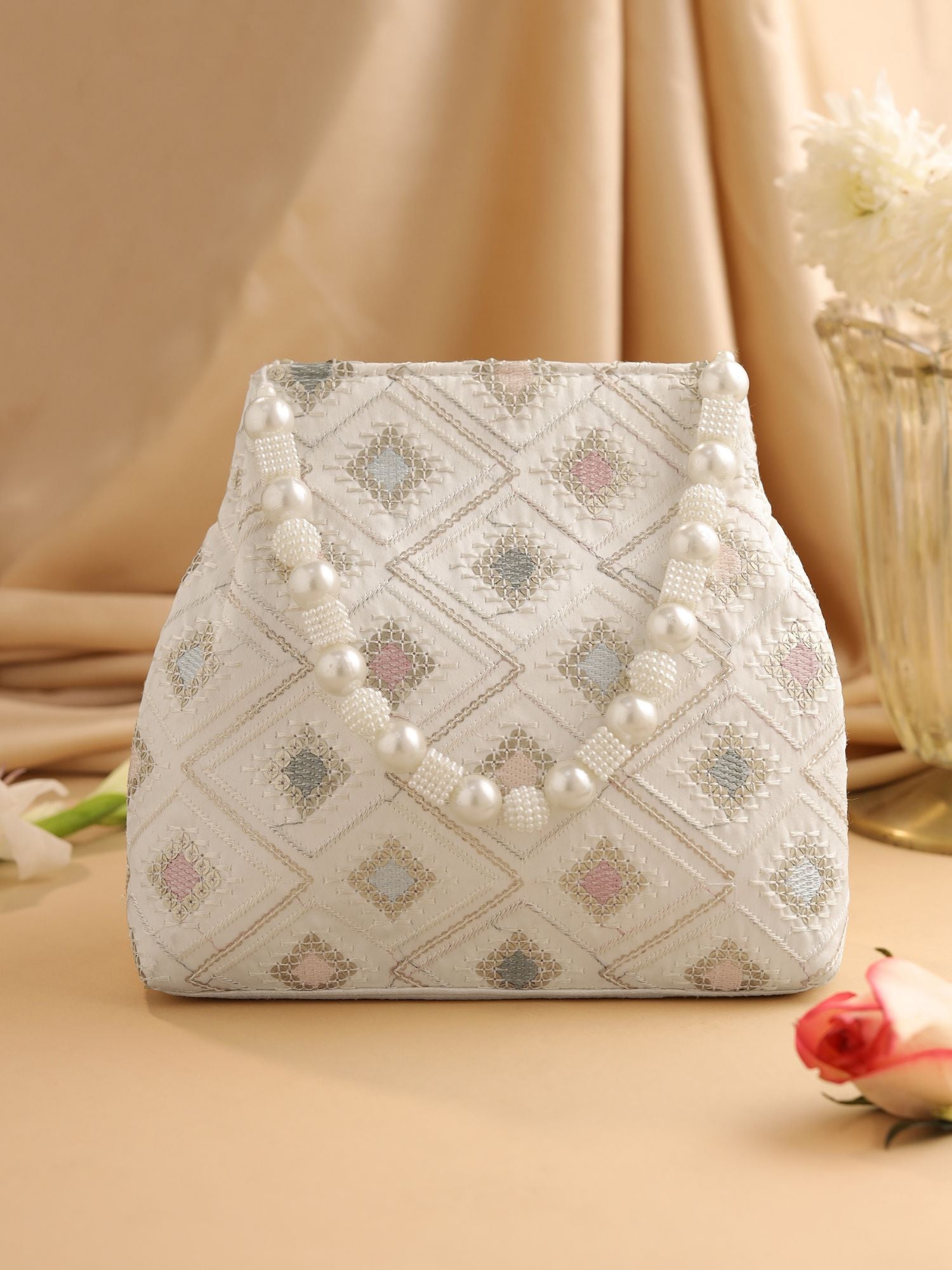 Gulnaar Collection | Silk Embroidered Potli | White