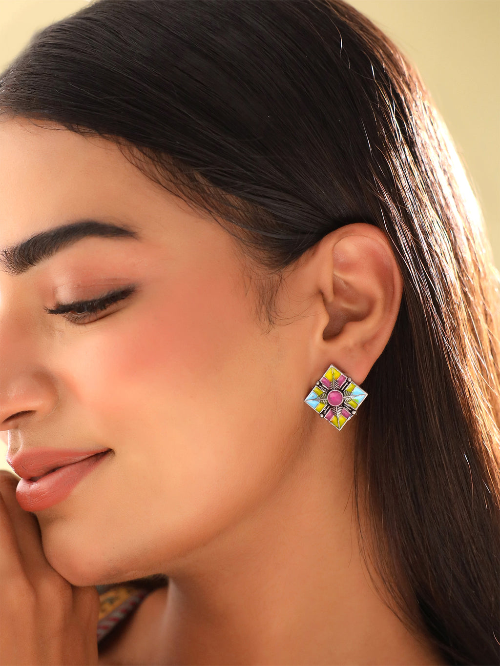 Meenakari Enamel Stud Jhumka Oxidised Silver Earrings
