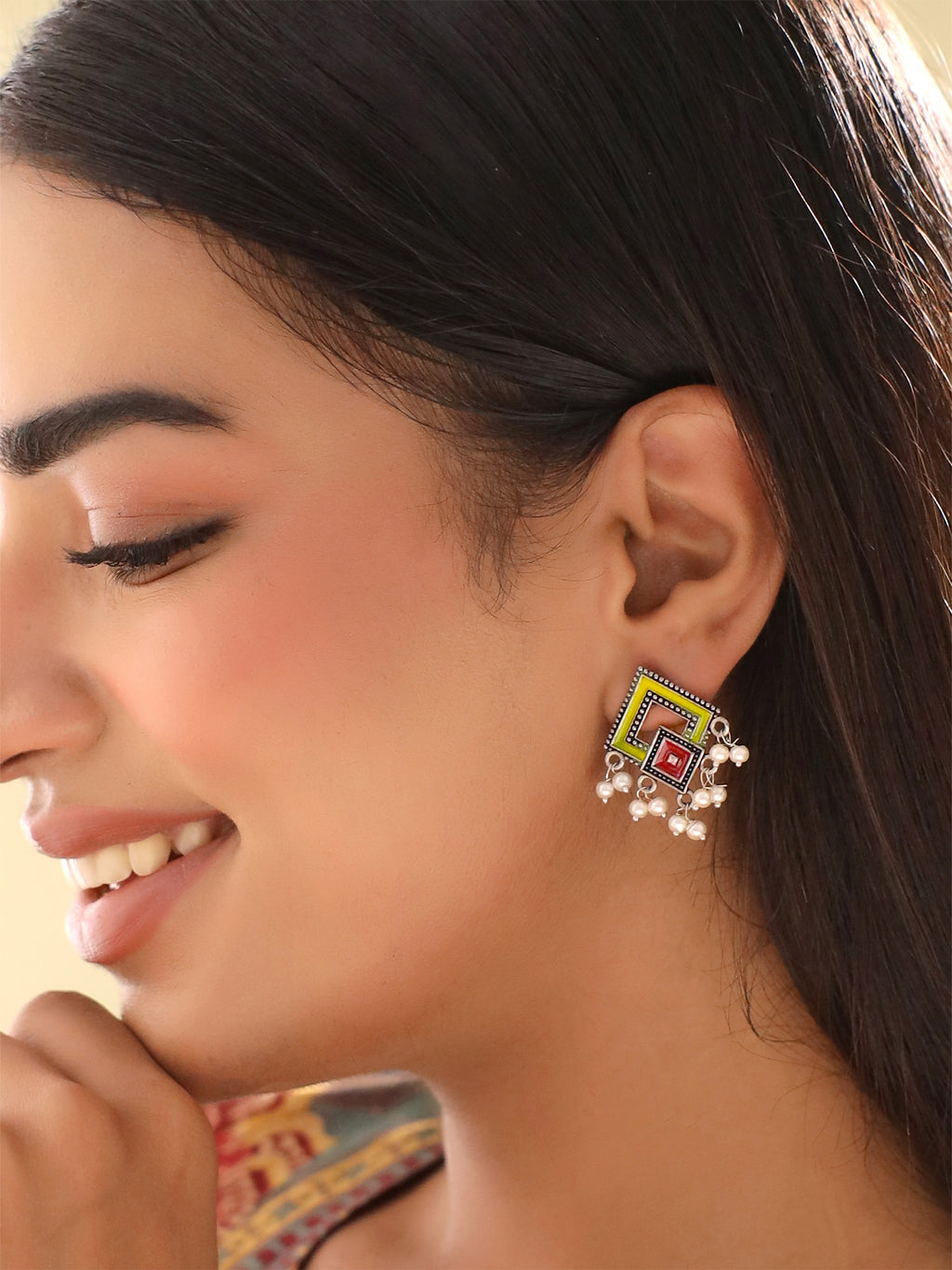 Ethnic Stud Silver Oxidised Earrings With Pearls