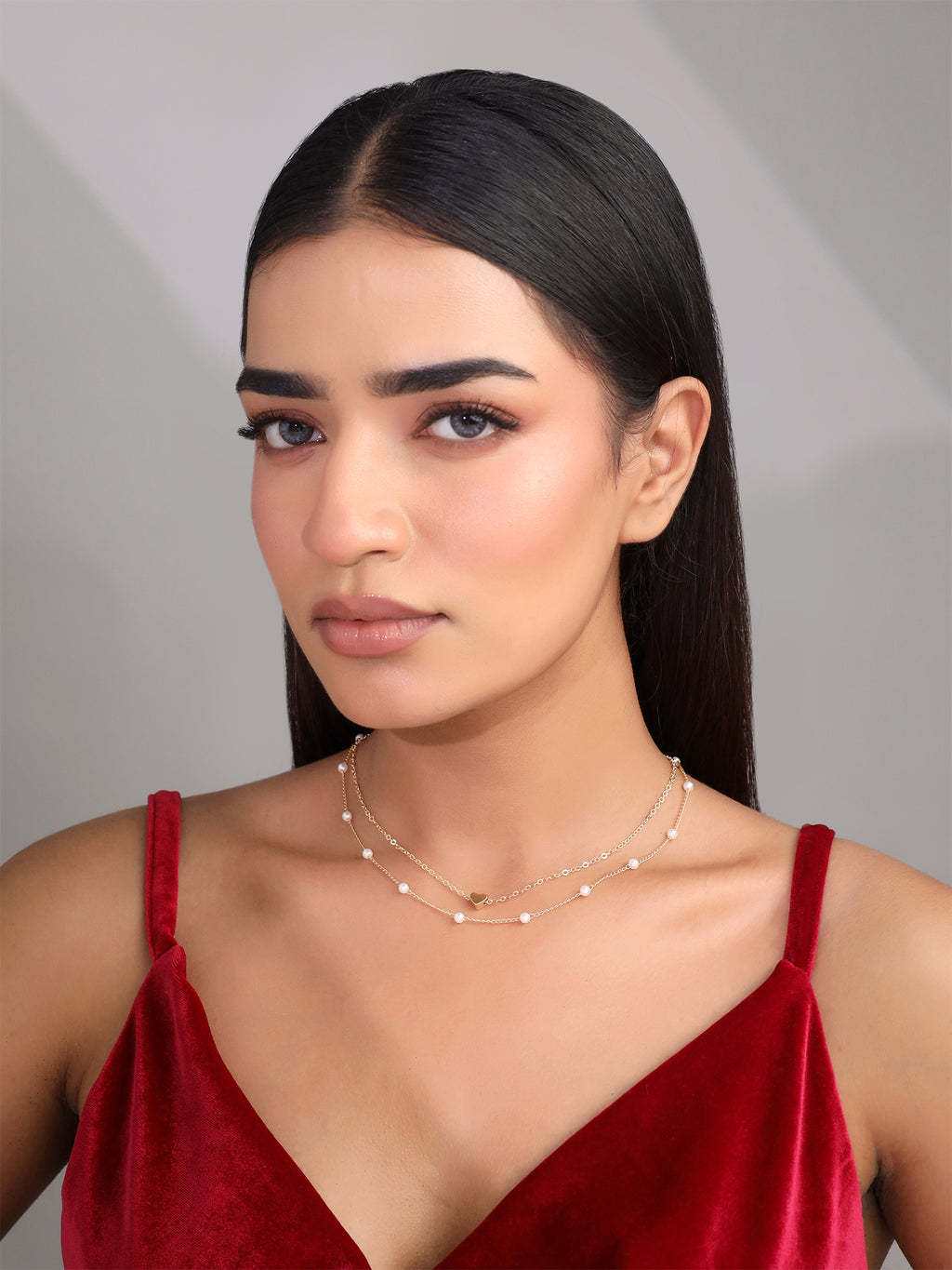 Stacked Pearl Heart Pendant Chain