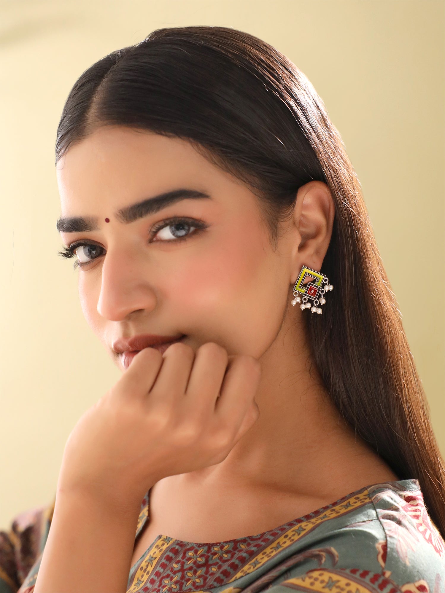 Ethnic Stud Silver Oxidised Earrings With Pearls