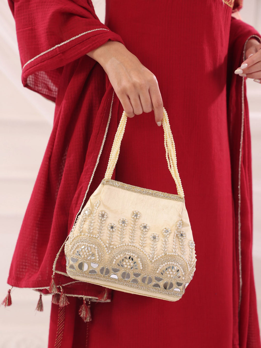 Gulnaar Collection | Silk Embroidered Potli | White Mirrorwork