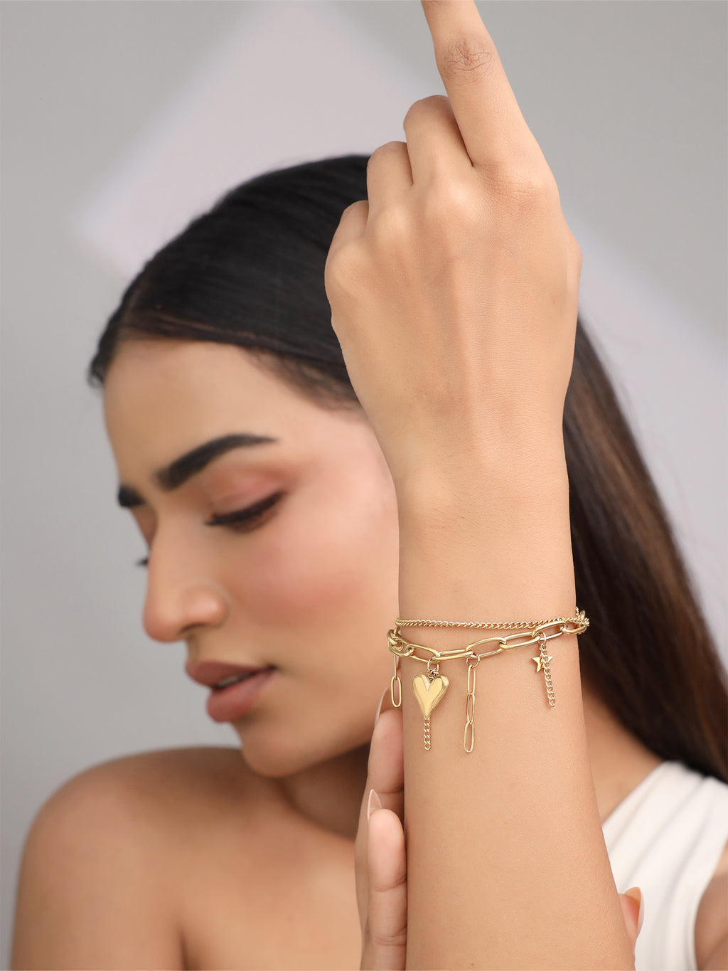 Layered Heart Charm Stack Bracelet