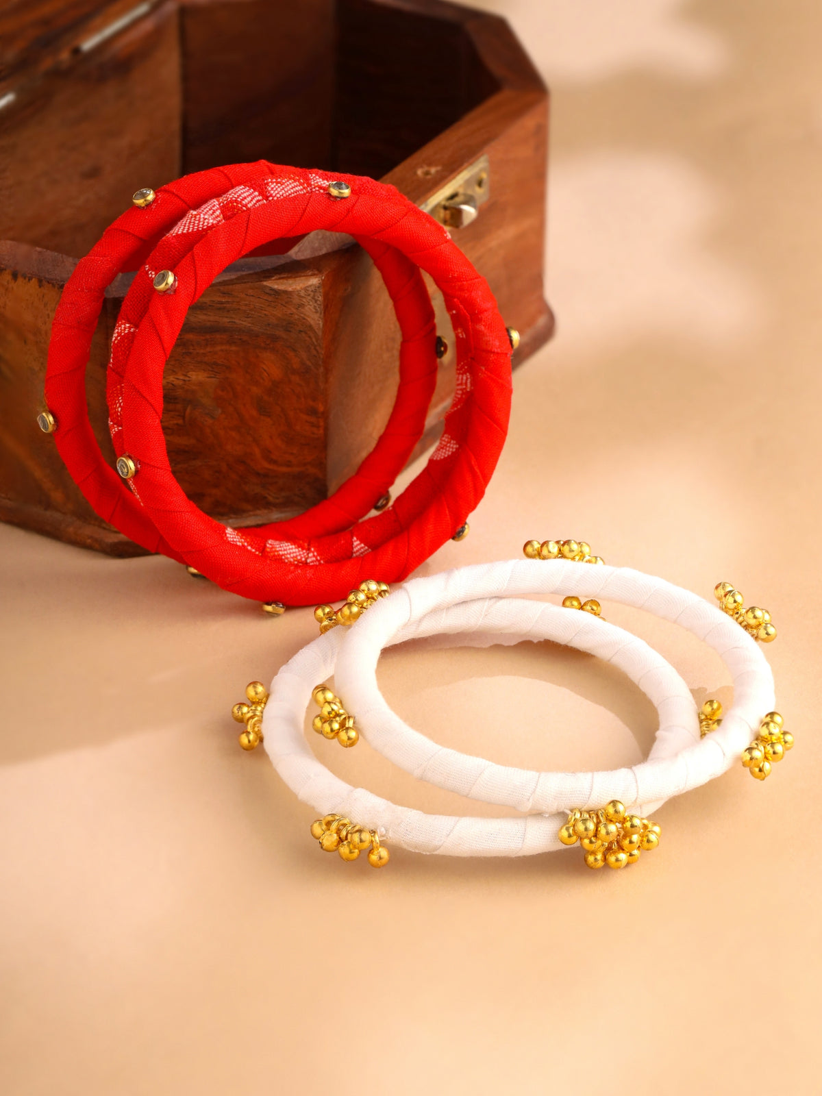 Leher Fabric Ghungroo Bracelet Set Red