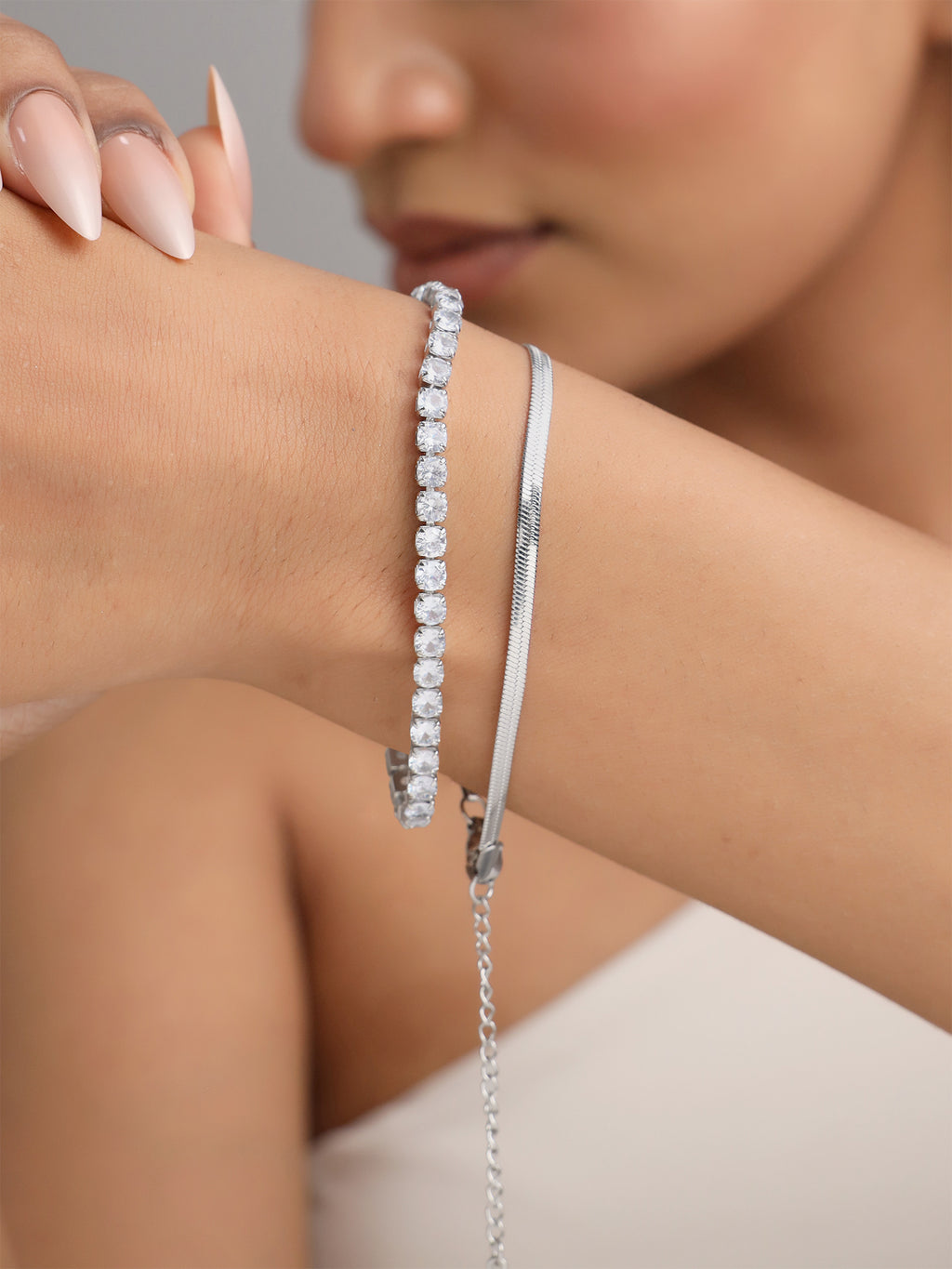 Snake Chain and Crystal Tennis Stack Bracelets