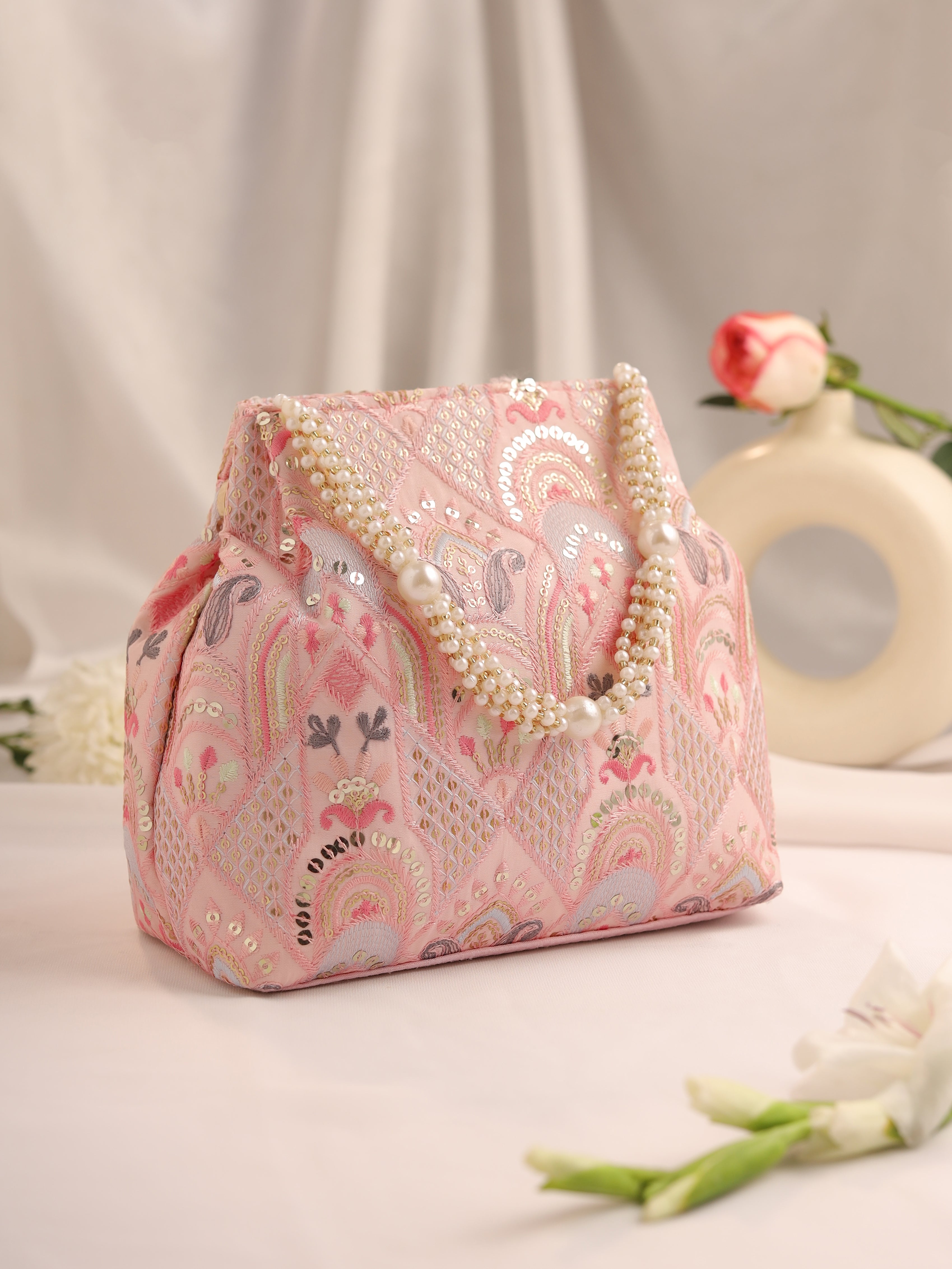 Gulnaar Collection | Silk Embroidered Potli | Pink