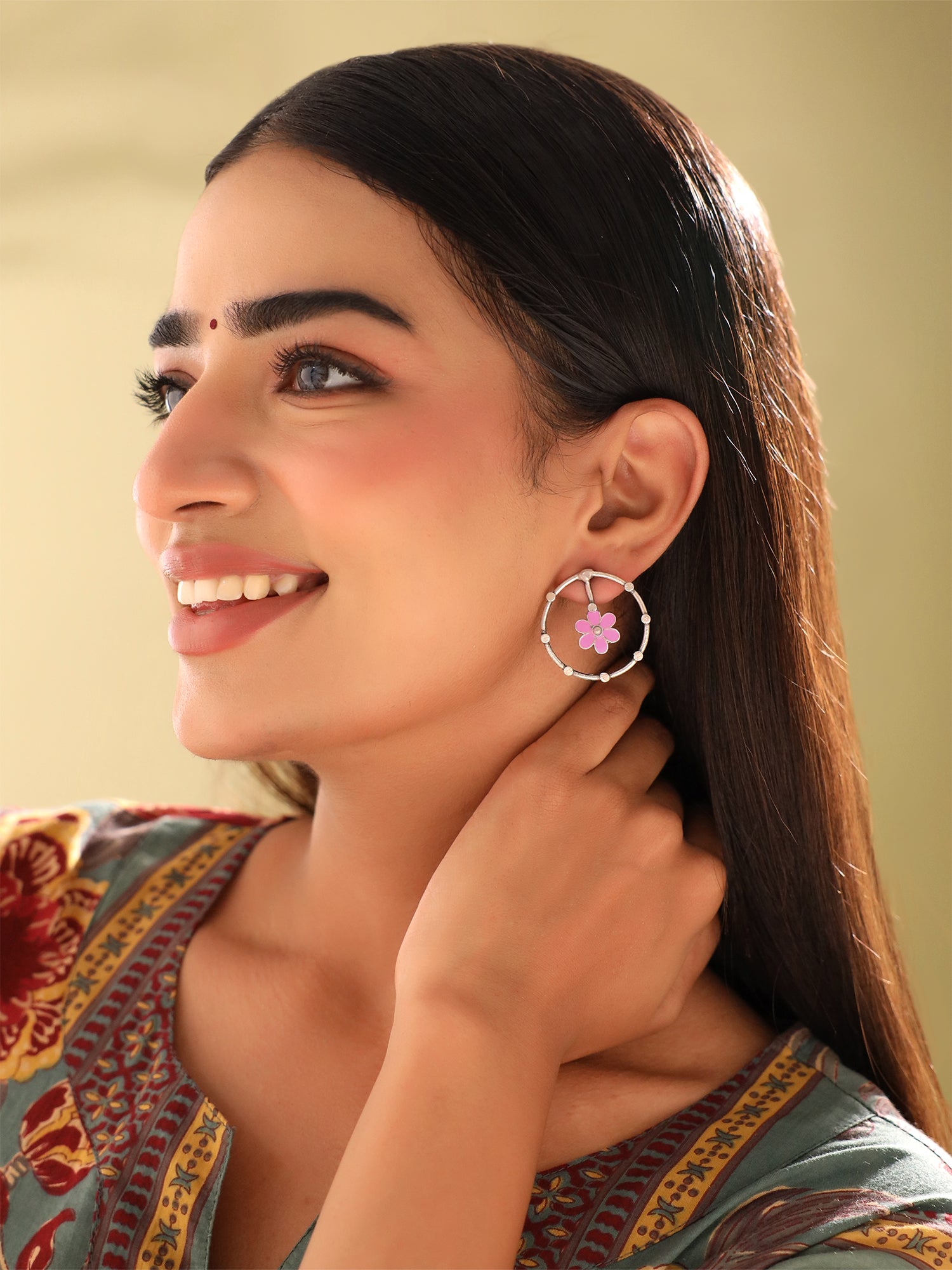 Meenakari Enamel Stud Jhumka Oxidised Silver Earrings