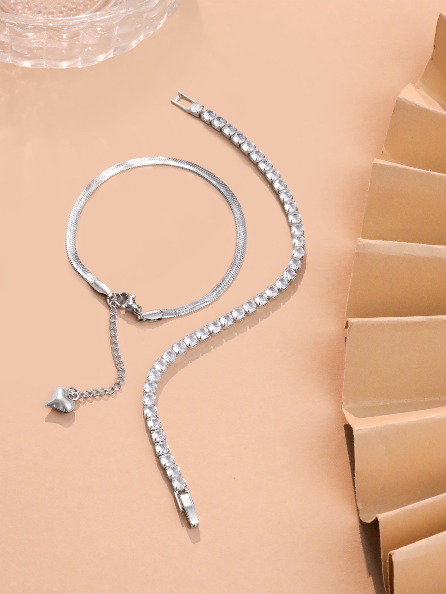 Snake Chain and Crystal Tennis Stack Bracelets