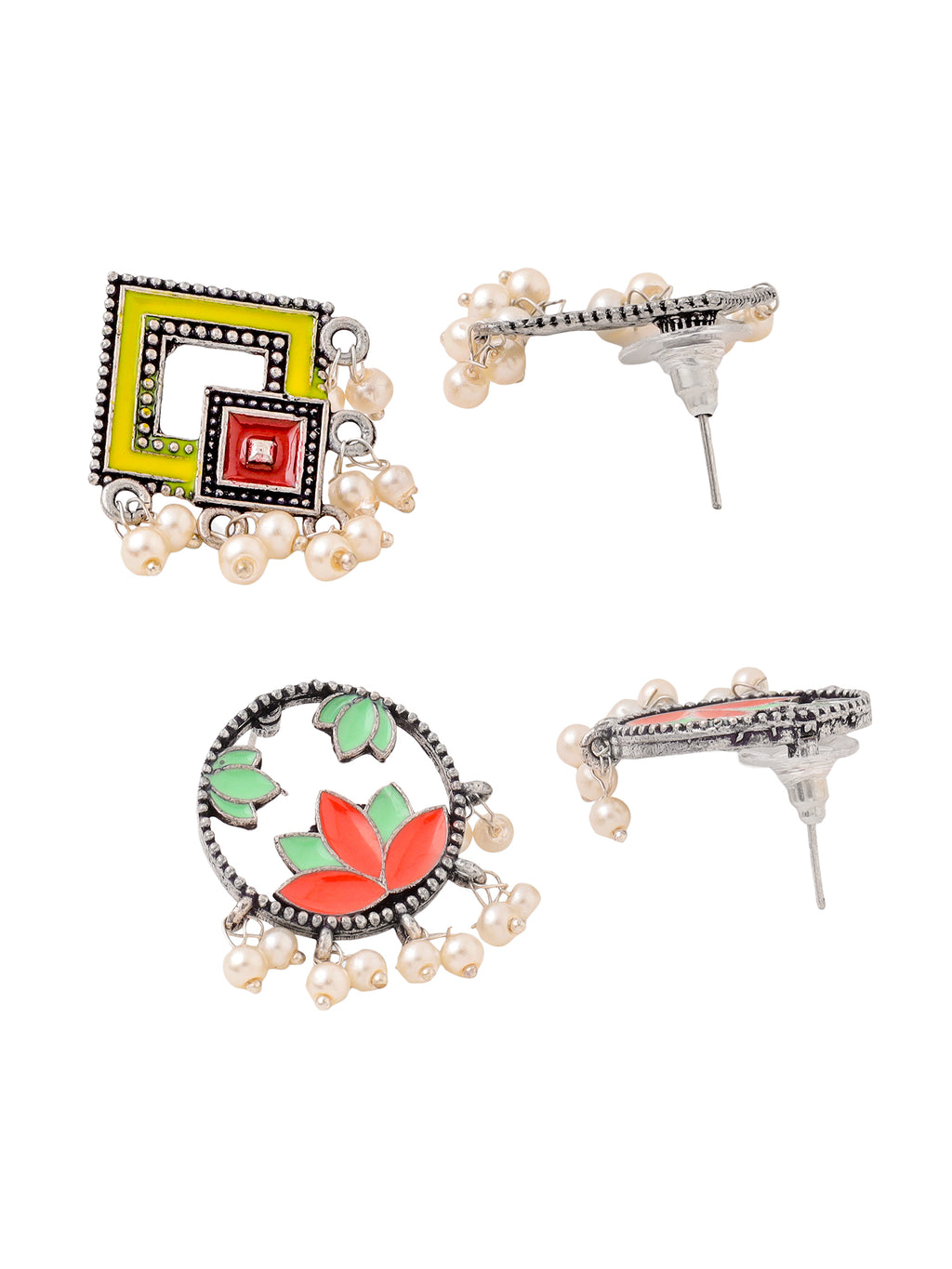 Ethnic Stud Silver Oxidised Earrings With Pearls