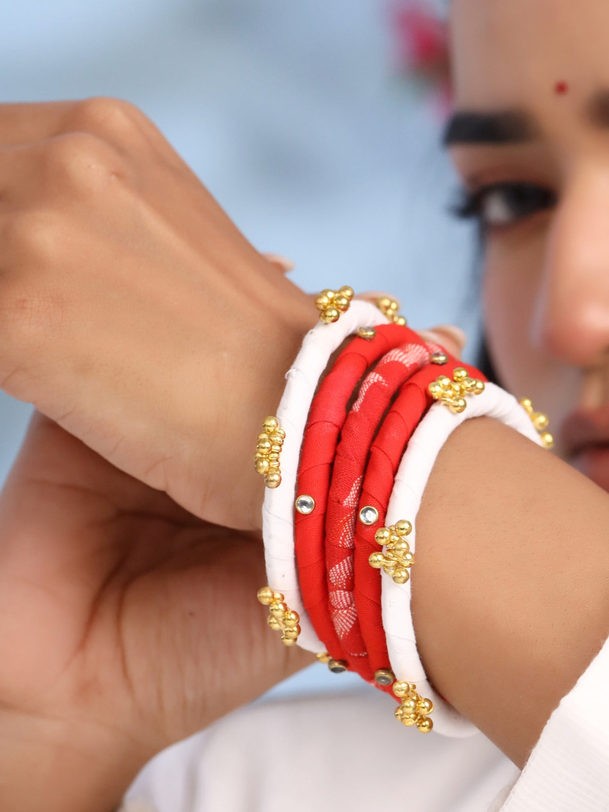Leher Fabric Ghungroo Bracelet Set Red