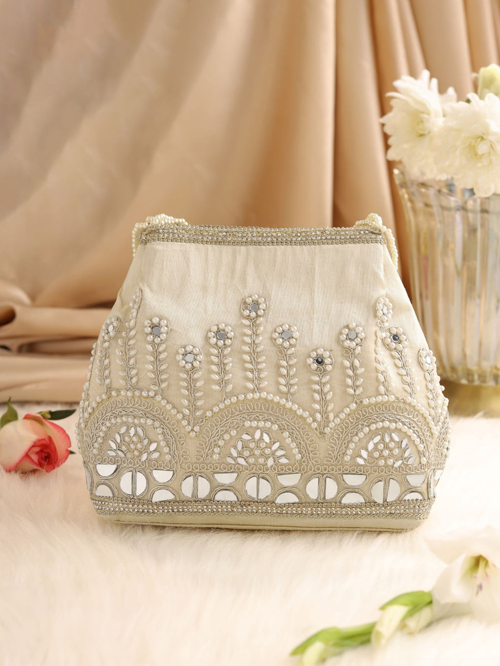 Gulnaar Collection | Silk Embroidered Potli | White Mirrorwork