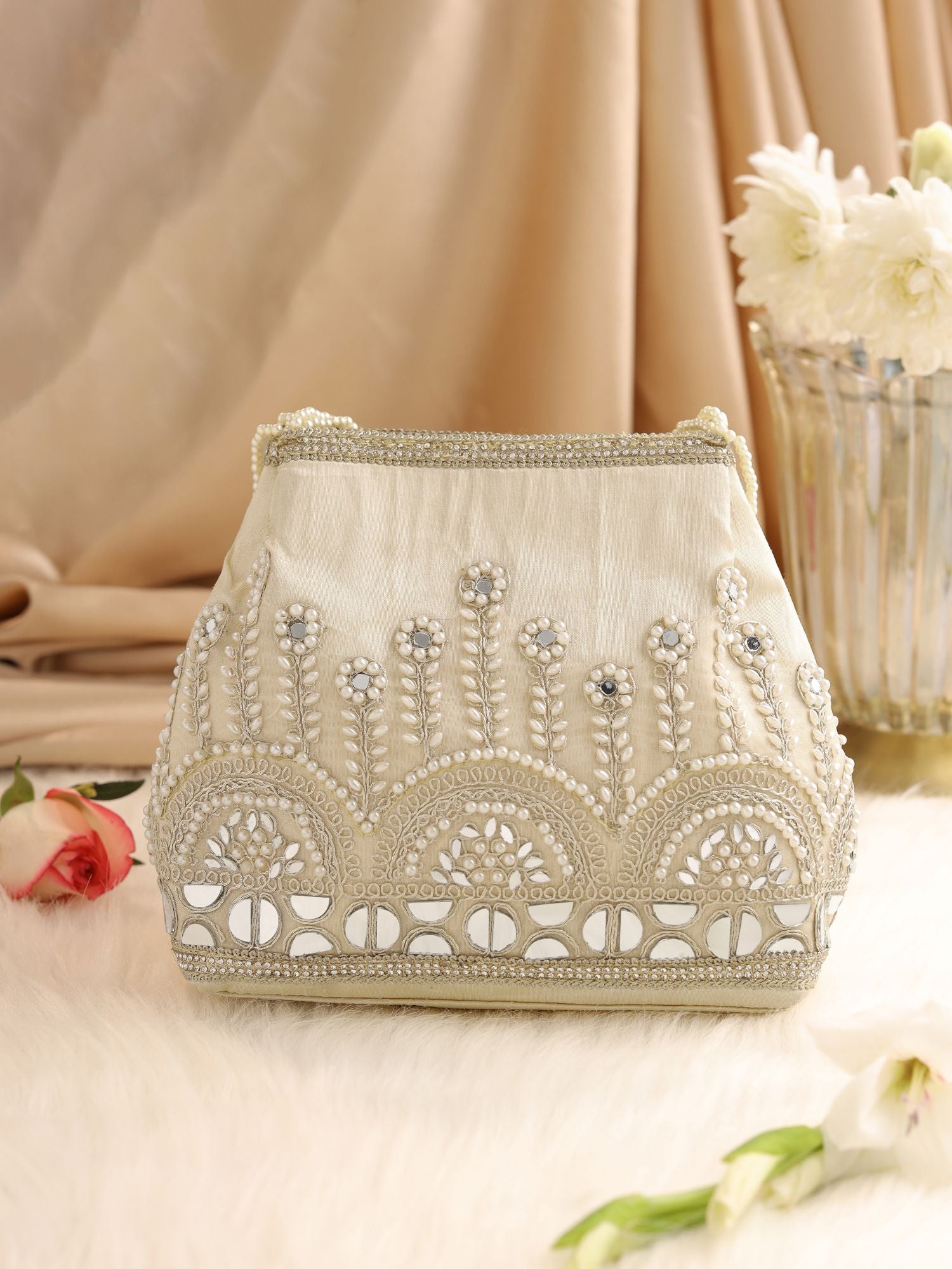 Gulnaar Collection | Silk Embroidered Potli | White Mirrorwork