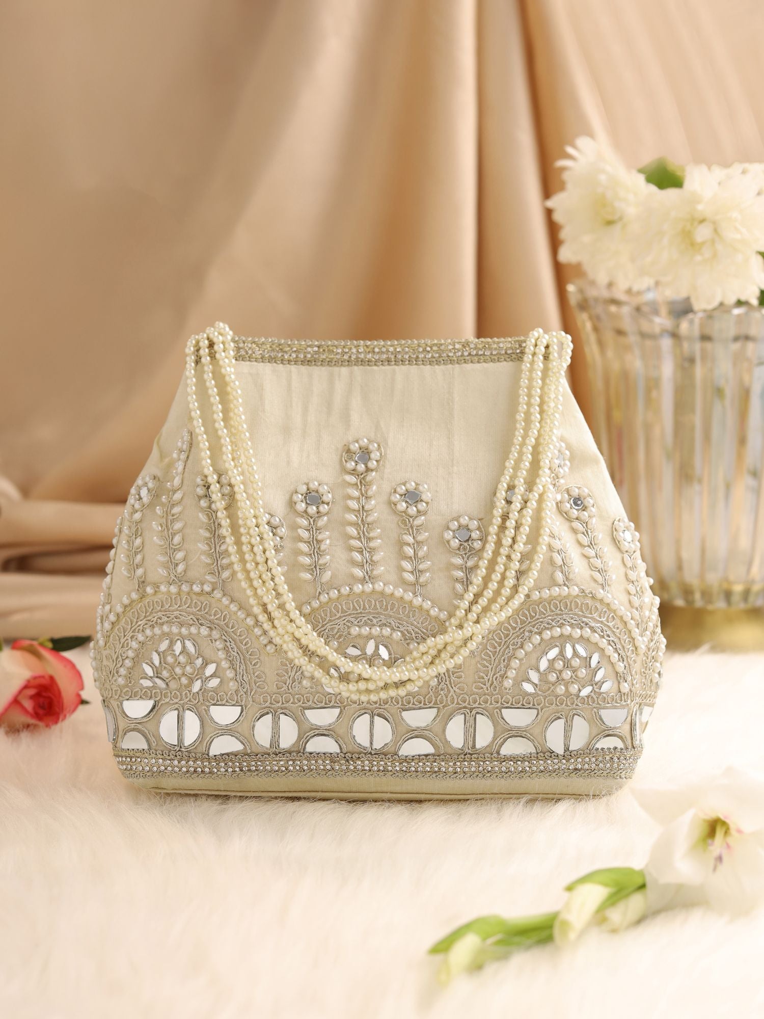 Gulnaar Collection | Silk Embroidered Potli | White Mirrorwork