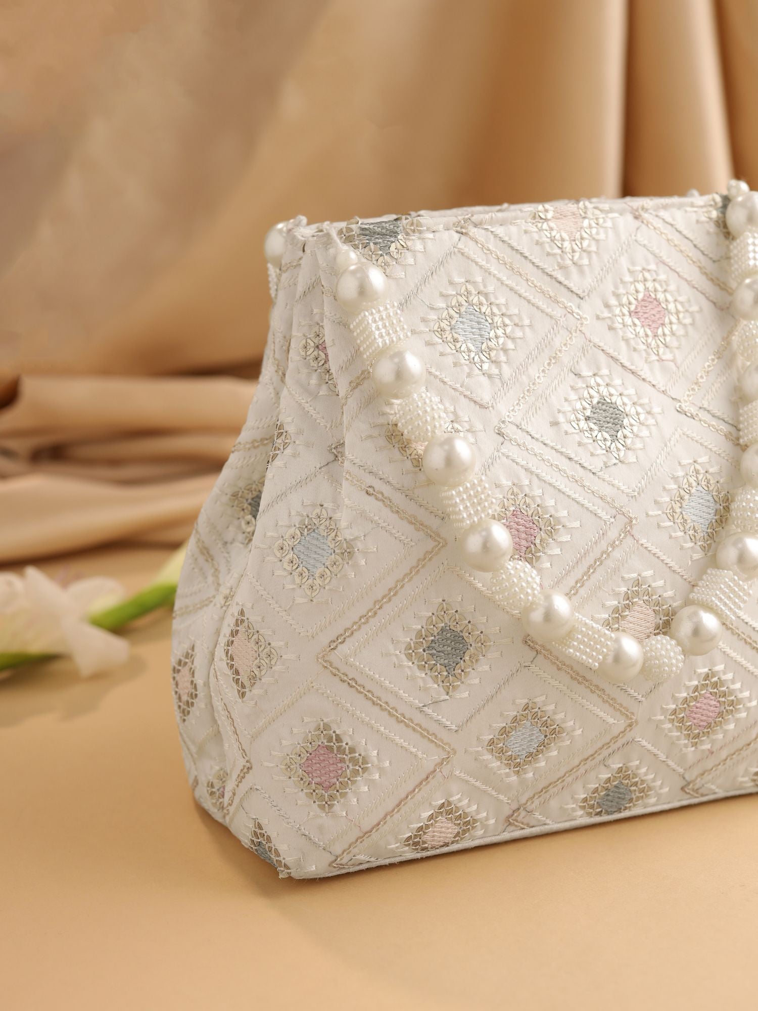 Gulnaar Collection | Silk Embroidered Potli | White