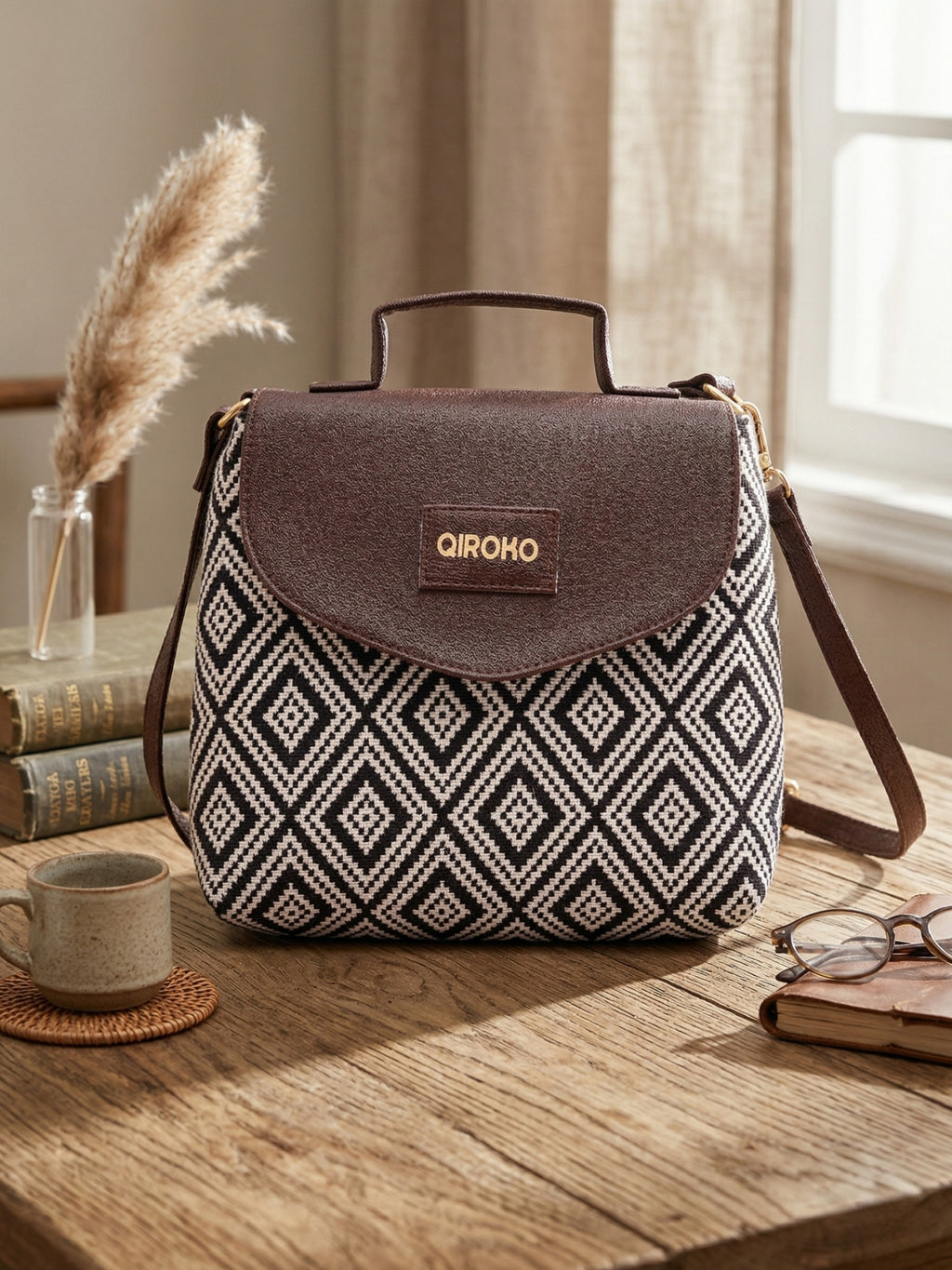 Earthcraft Collection | Dual Compartment Crossbody Sling | Ikkat Monochrome