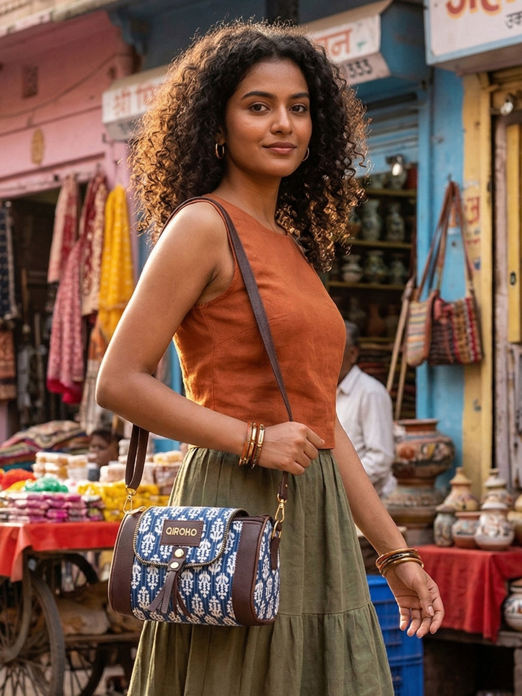 Loom Edit Collection | Dual Compartment Crossbody Sling | Ikkat Barrel | Indigo Trail