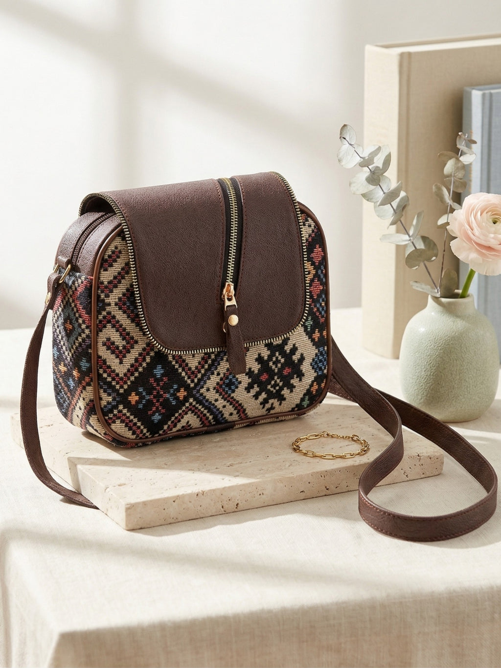 Urban Nomad Collection | Dual Compartment Crossbody Sling | Midnight Geometric